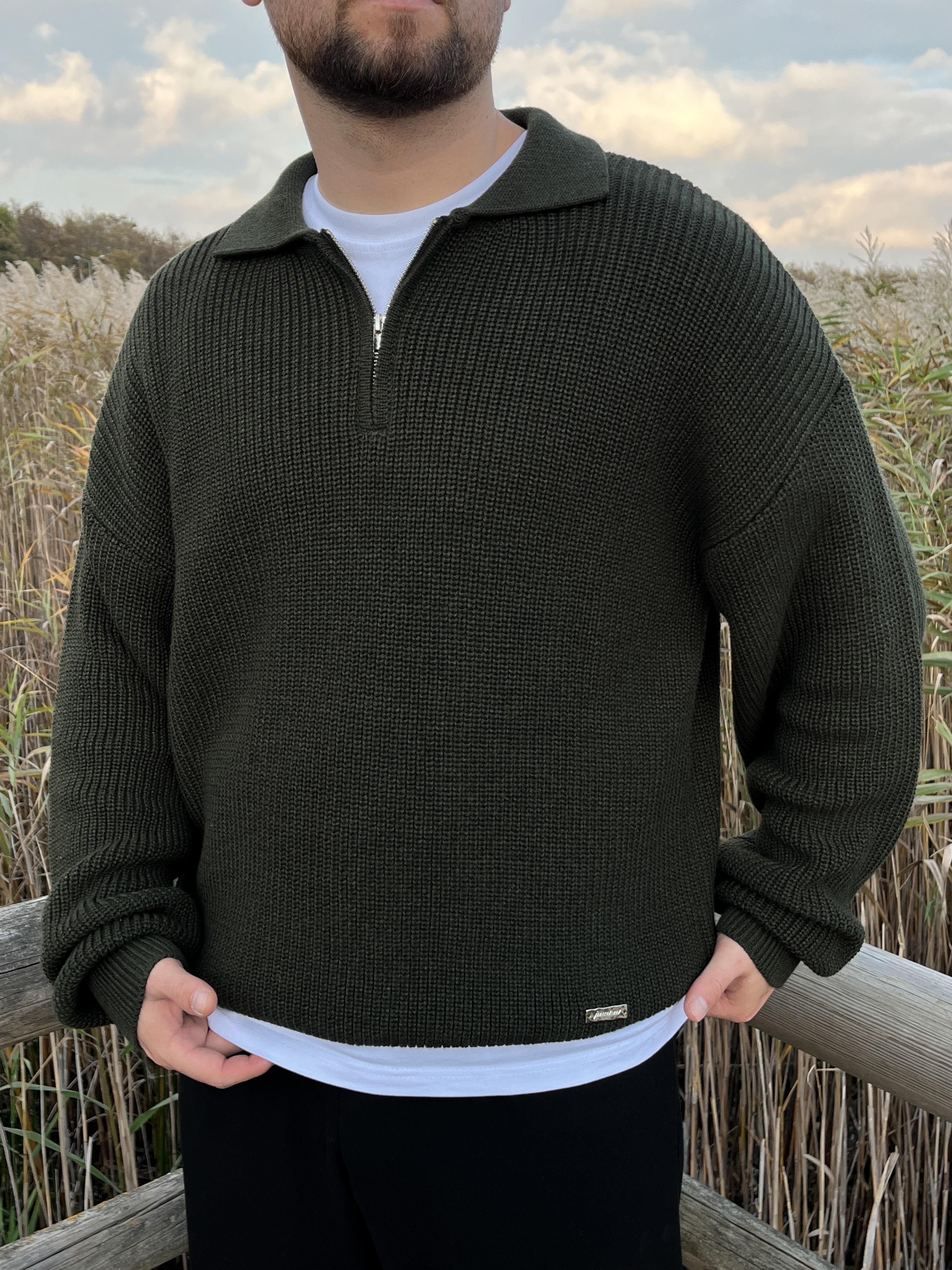 Elite Haki Zip Polo Oversize Örgü Kazak