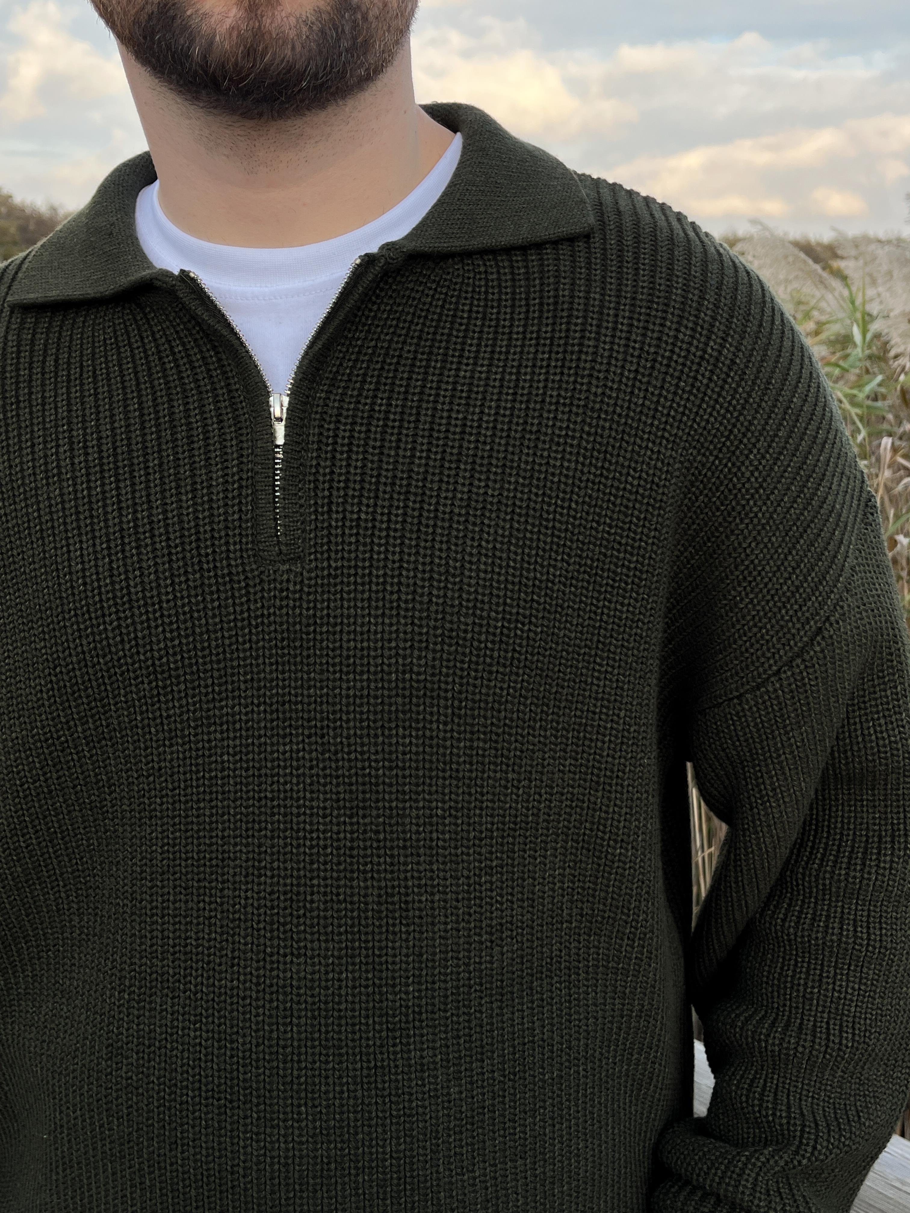 Elite Haki Zip Polo Oversize Örgü Kazak