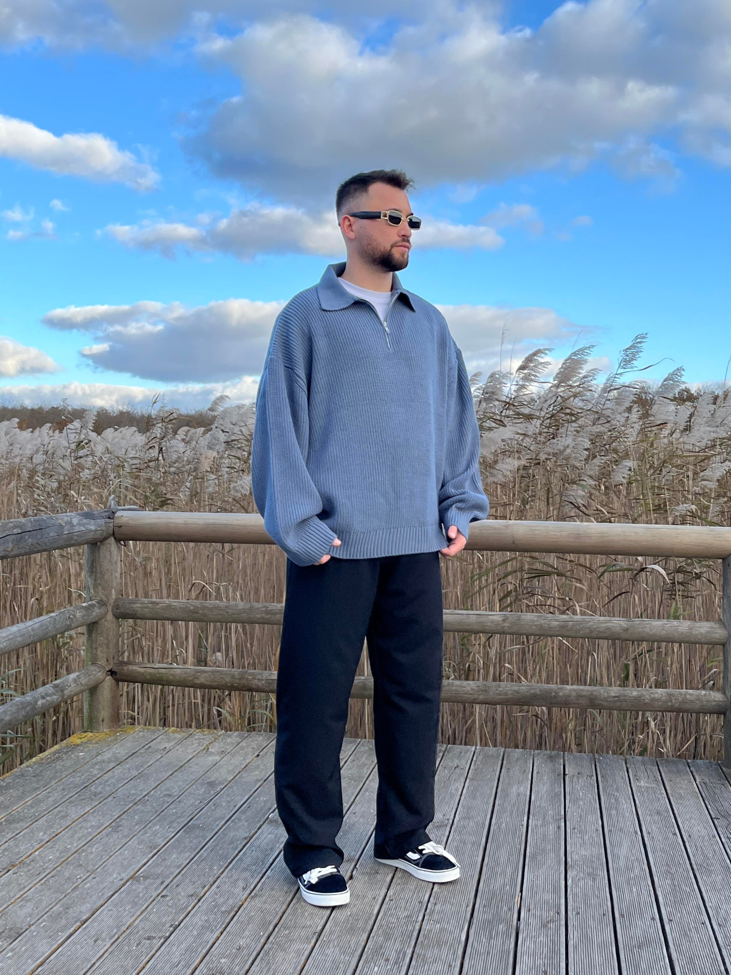 Elite Mavi Zip Polo Oversize Örgü Kazak