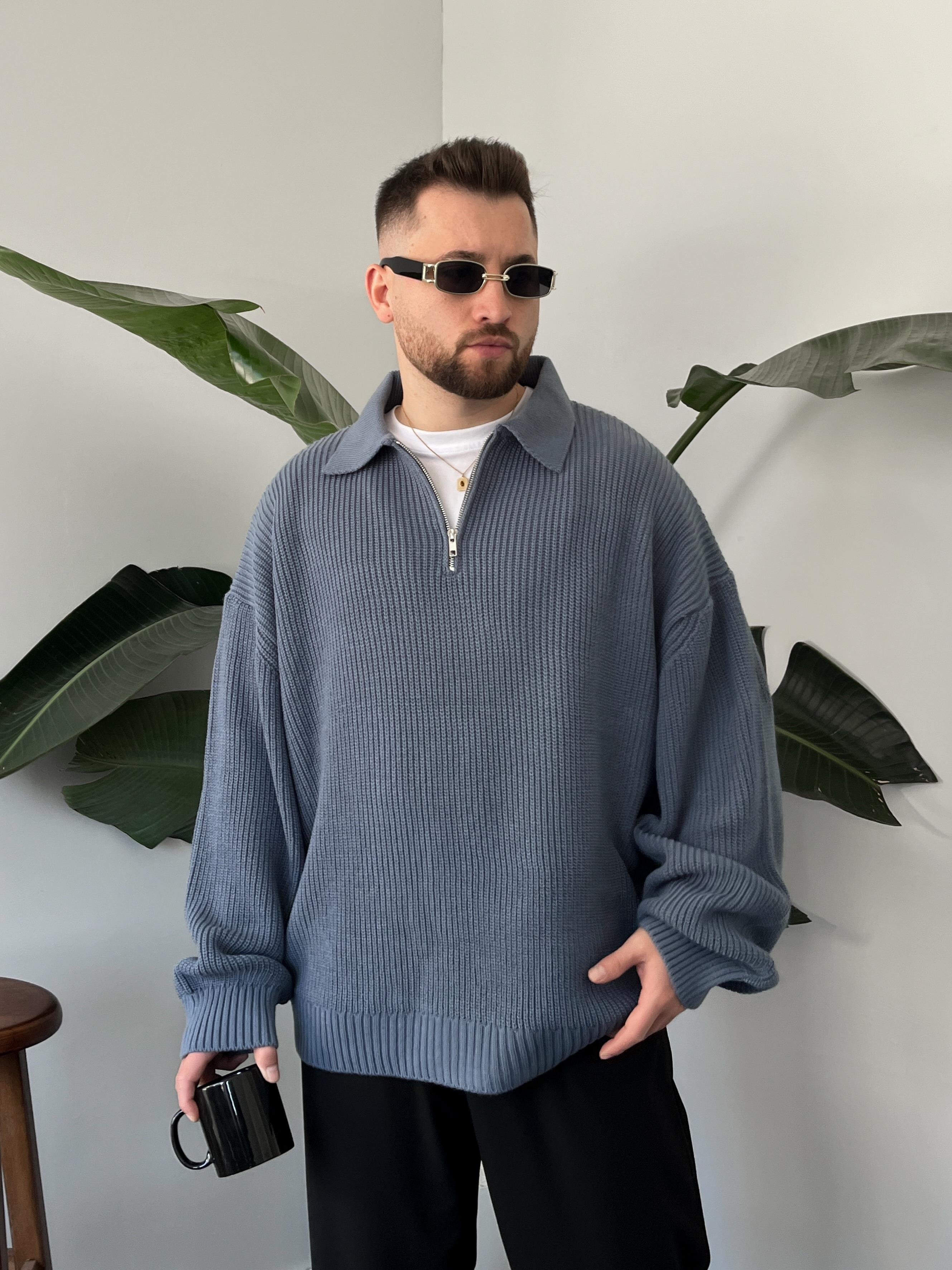Elite Mavi Zip Polo Oversize Örgü Kazak