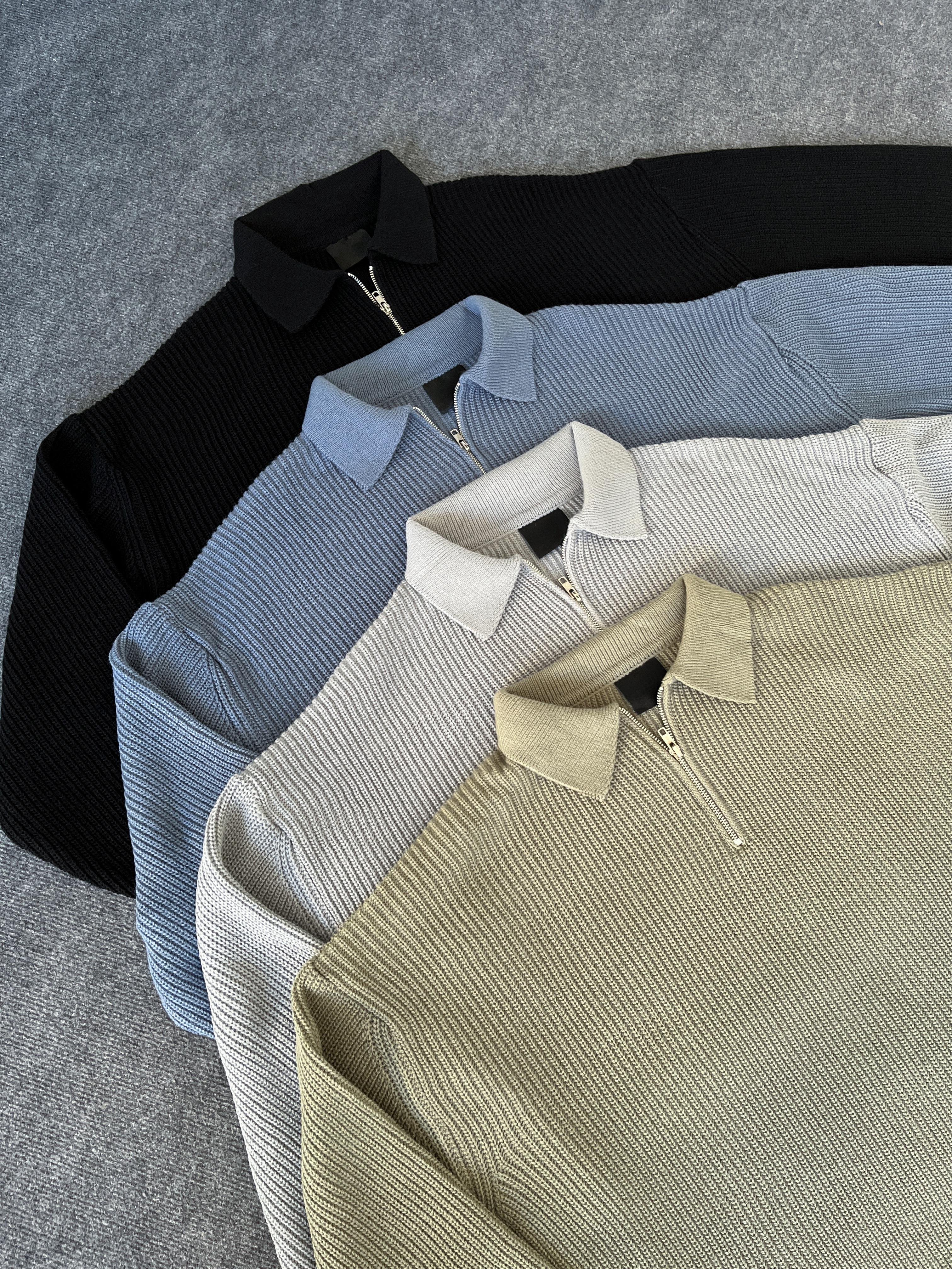 Elite Mavi Zip Polo Oversize Örgü Kazak