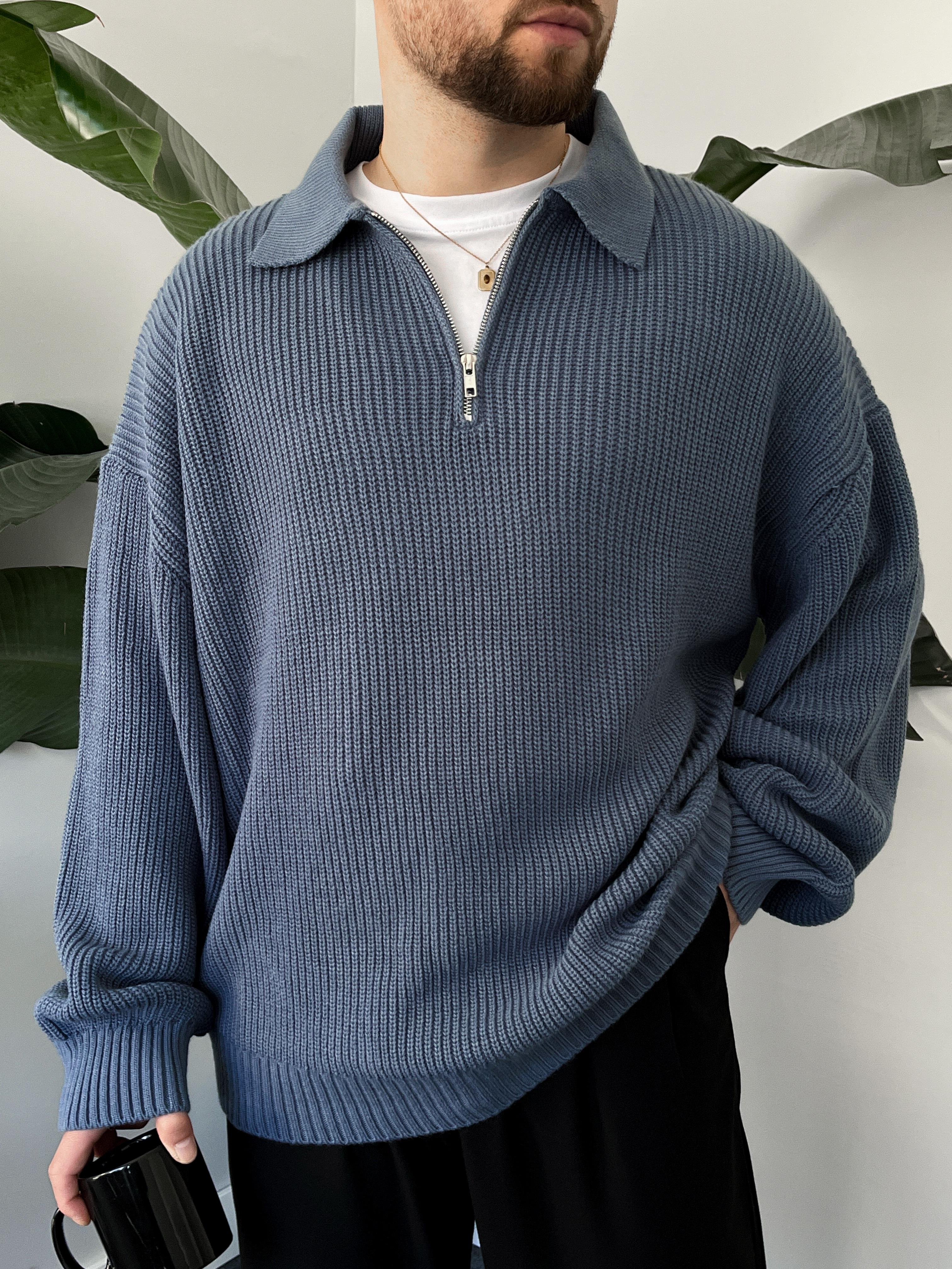 Elite Mavi Zip Polo Oversize Örgü Kazak