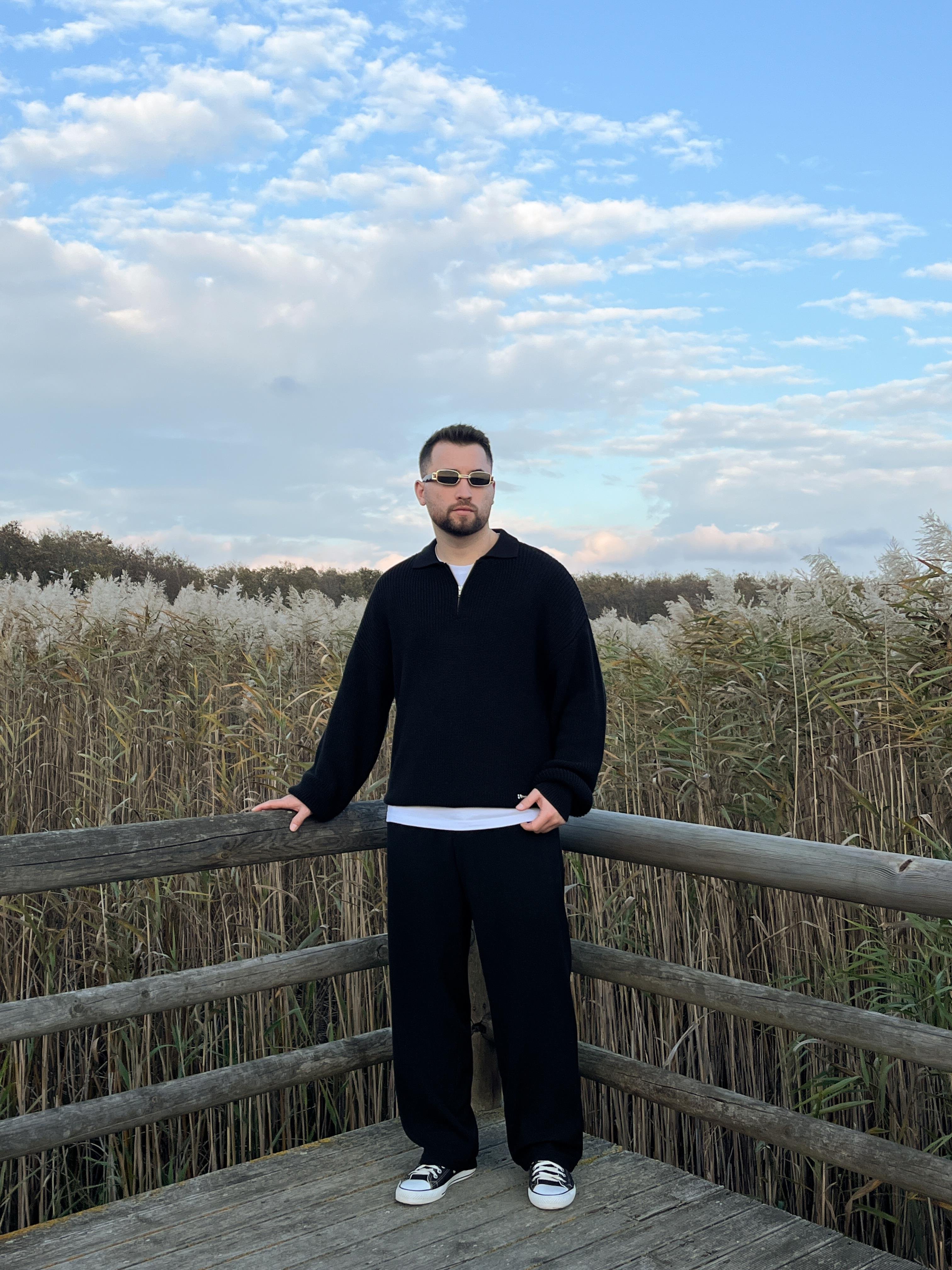 Elite Siyah Zip Polo Oversize Örgü Kazak