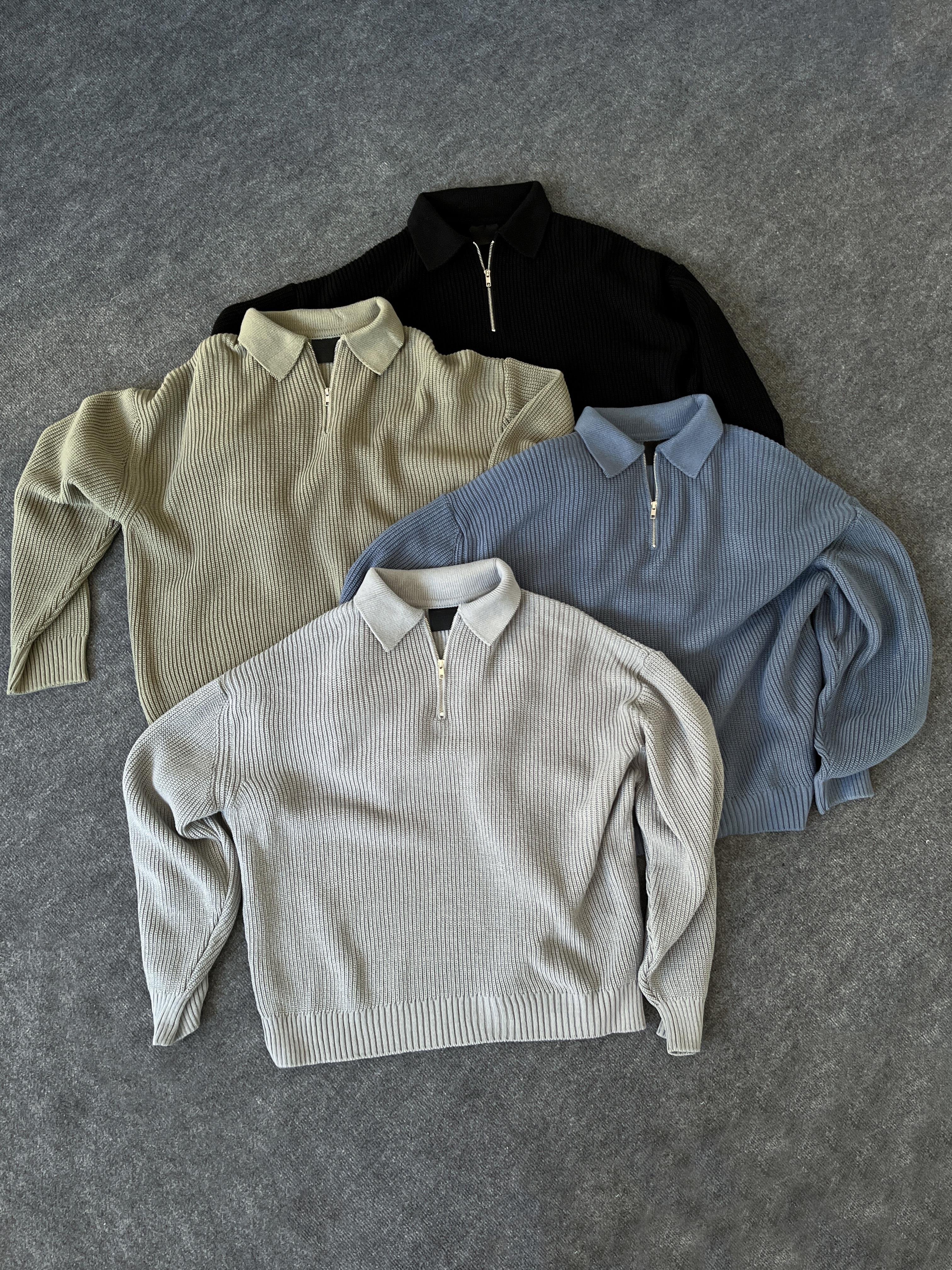 Elite Siyah Zip Polo Oversize Örgü Kazak
