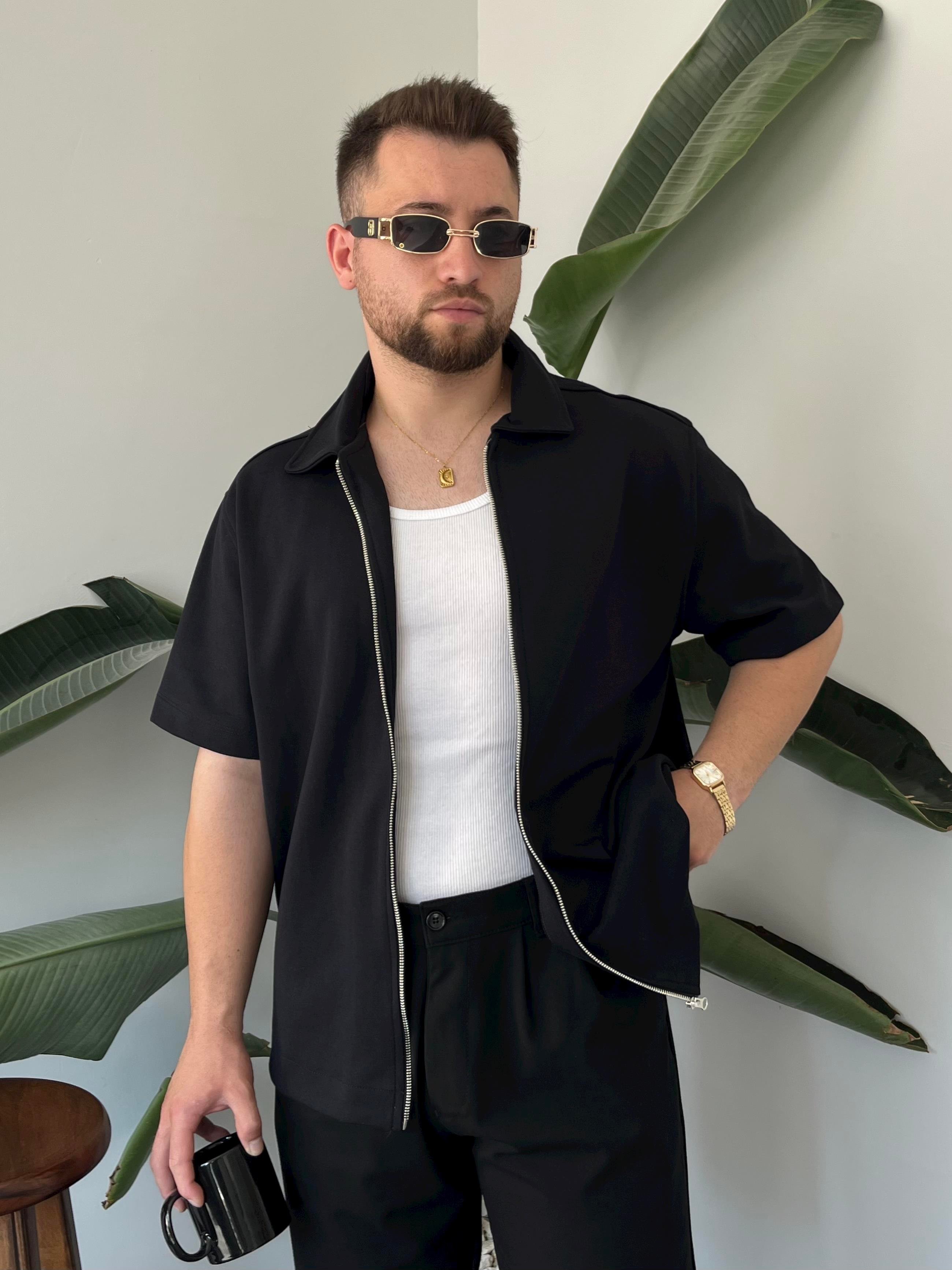 Fermuarlı Siyah Oversize Gömlek