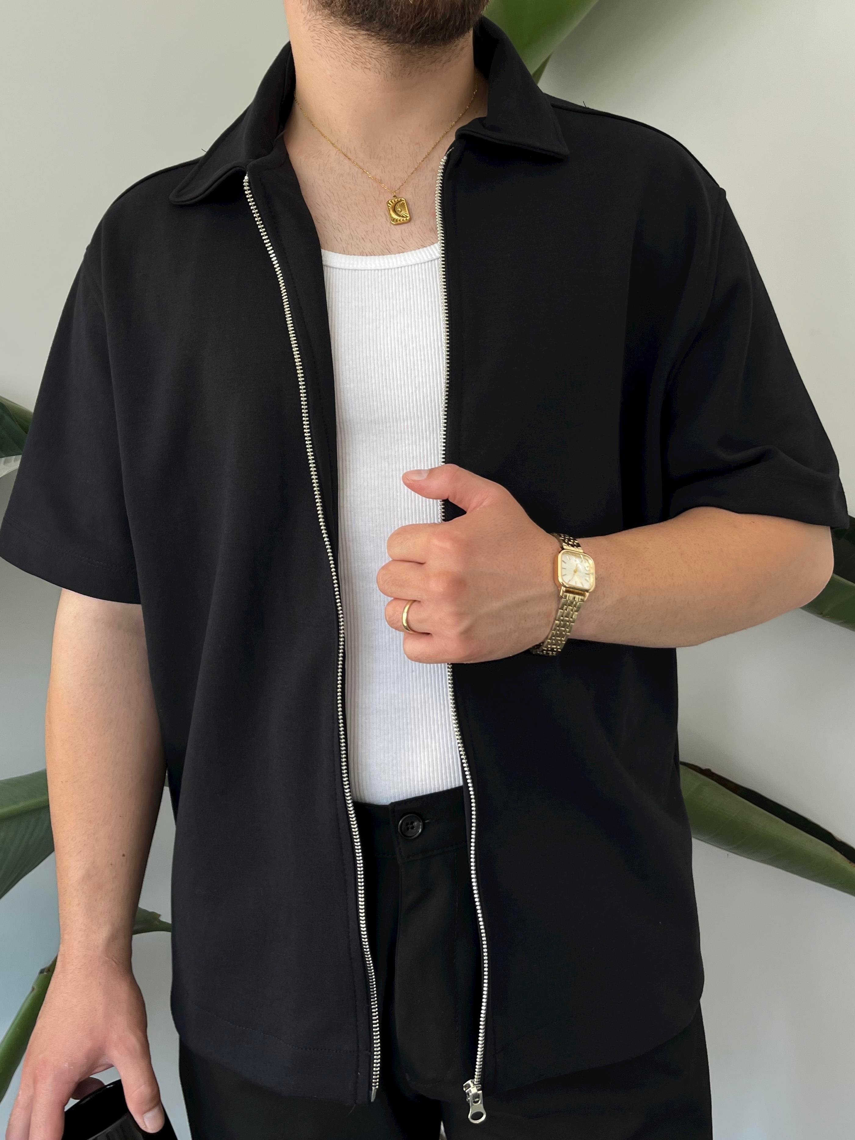 Fermuarlı Siyah Oversize Gömlek