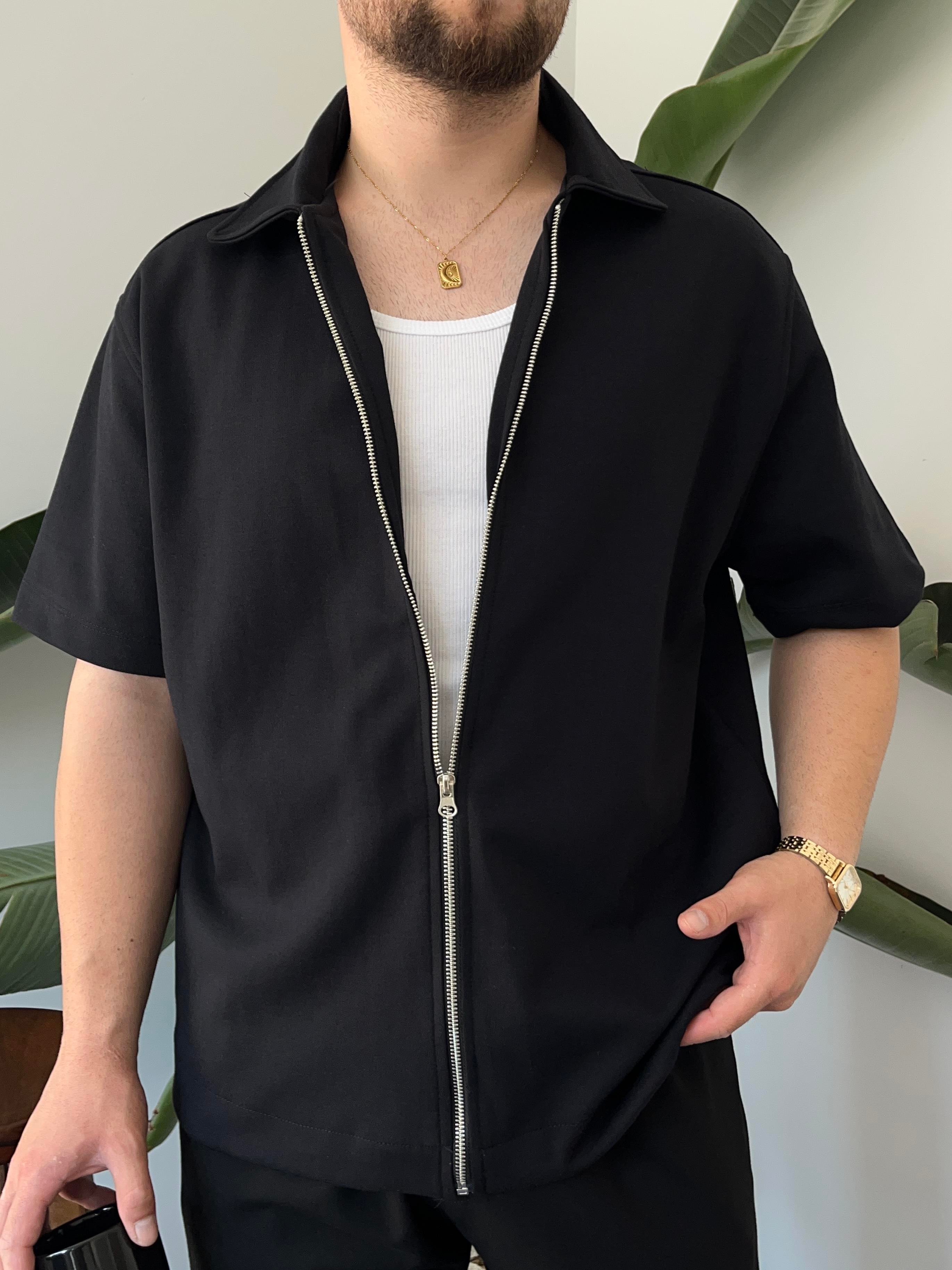 Fermuarlı Siyah Oversize Gömlek