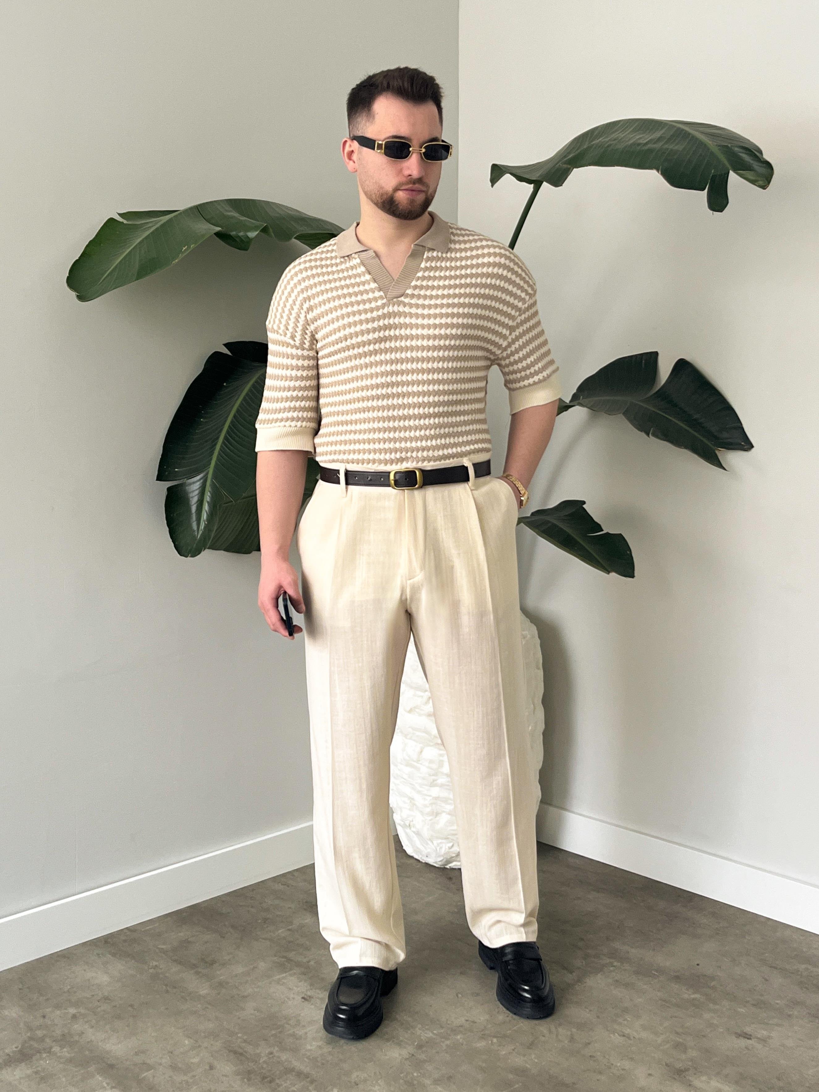 Fioro Bej Diagonel Desen Oversize Örme Polo Yaka T-shirt
