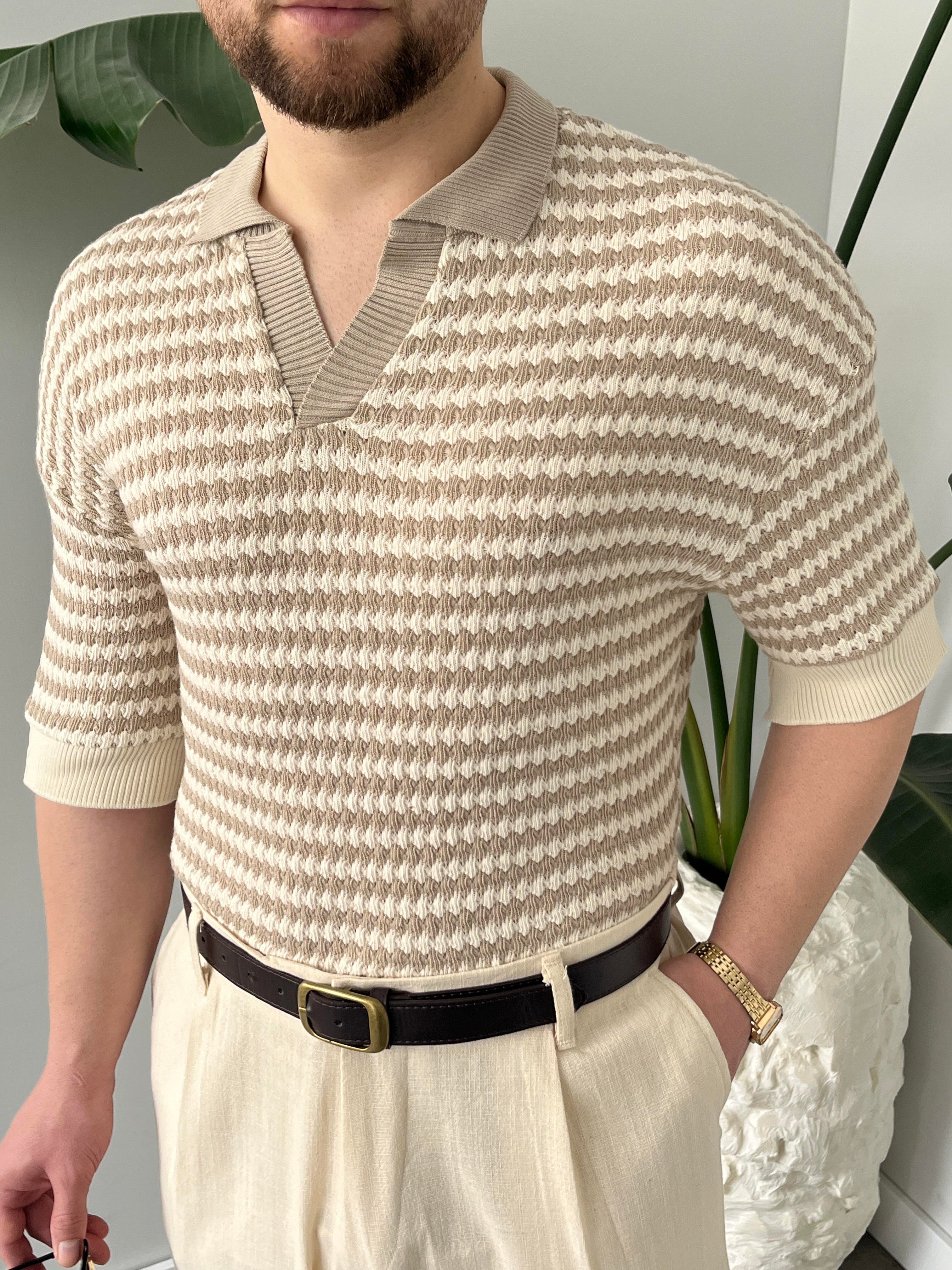 Fioro Bej Diagonel Desen Oversize Örme Polo Yaka T-shirt