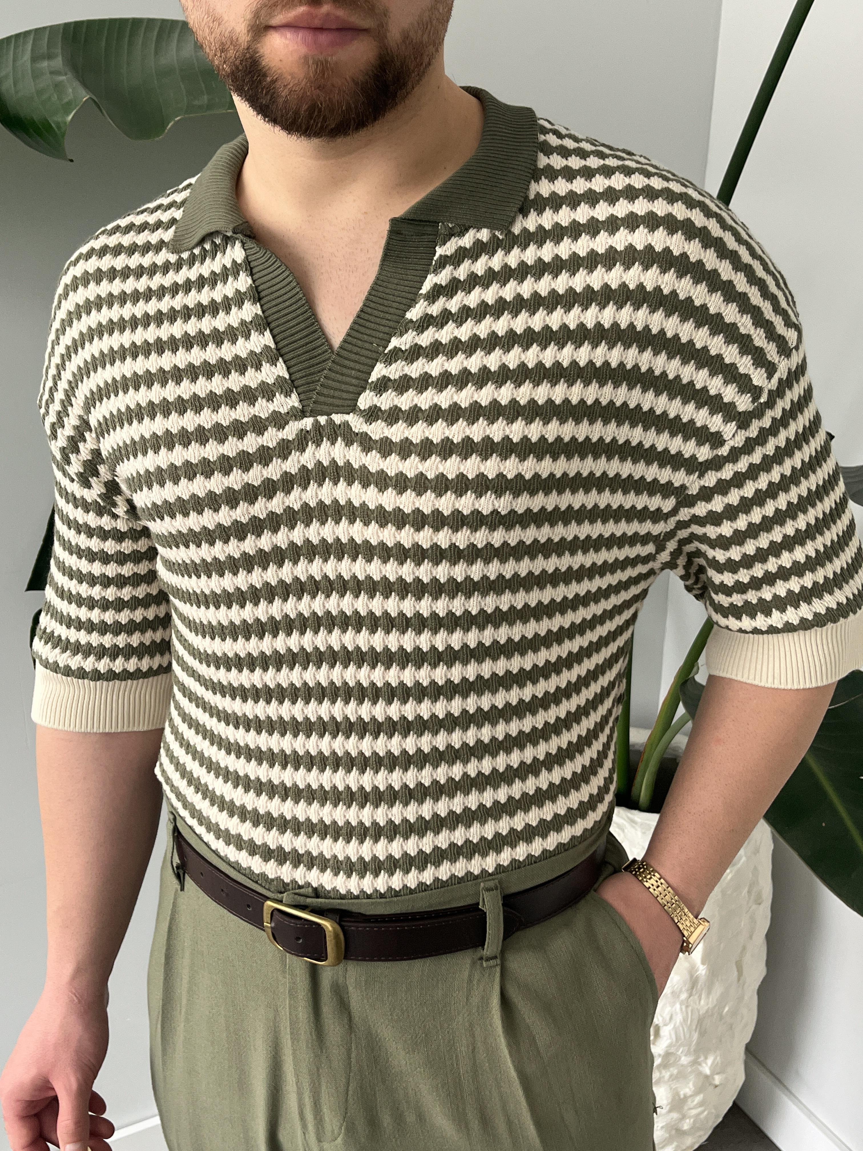 Fioro Haki Diagonel Desen Oversize Örme Polo Yaka T-shirt