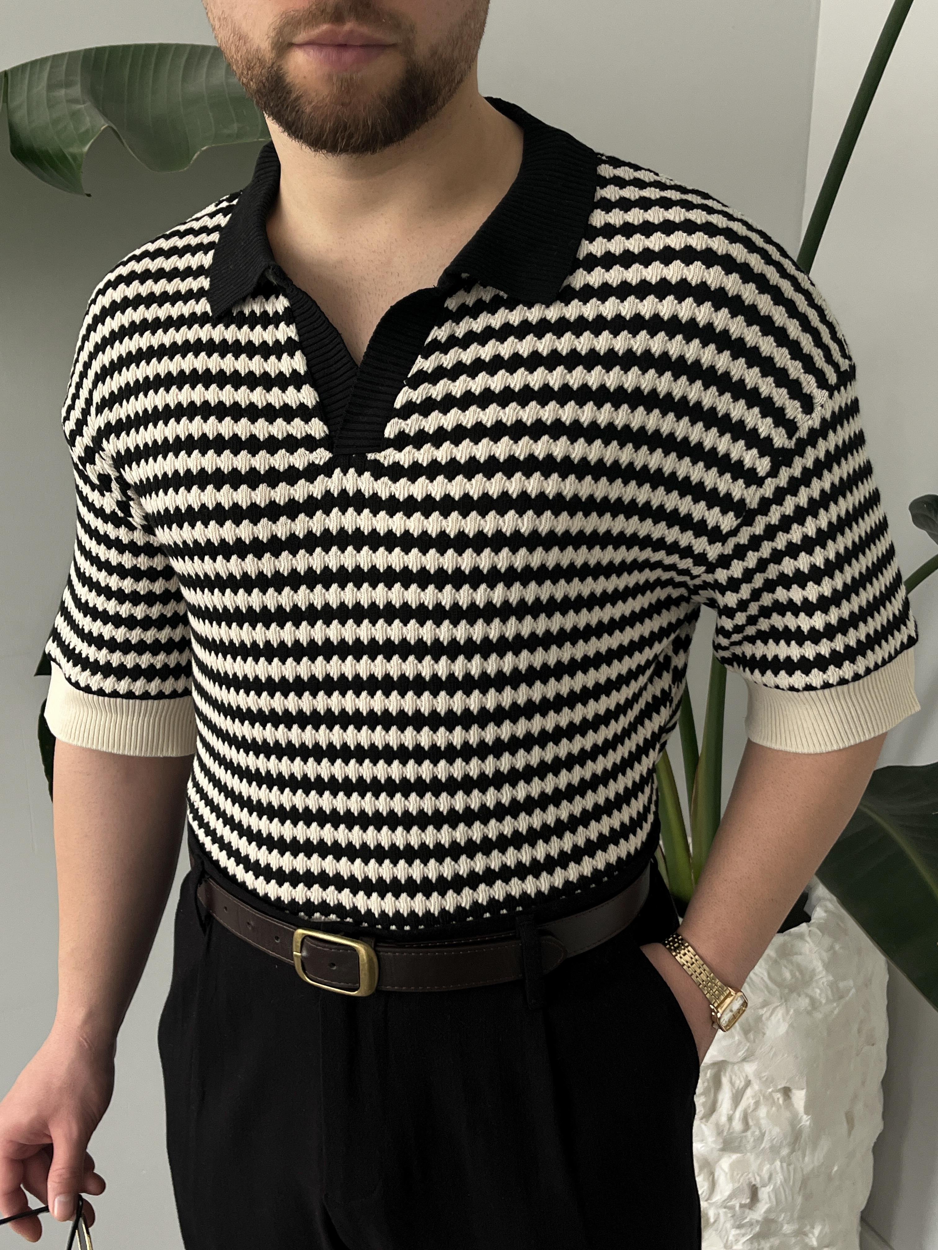 Fioro Siyah Diagonel Desen Oversize Örme Polo Yaka T-shirt