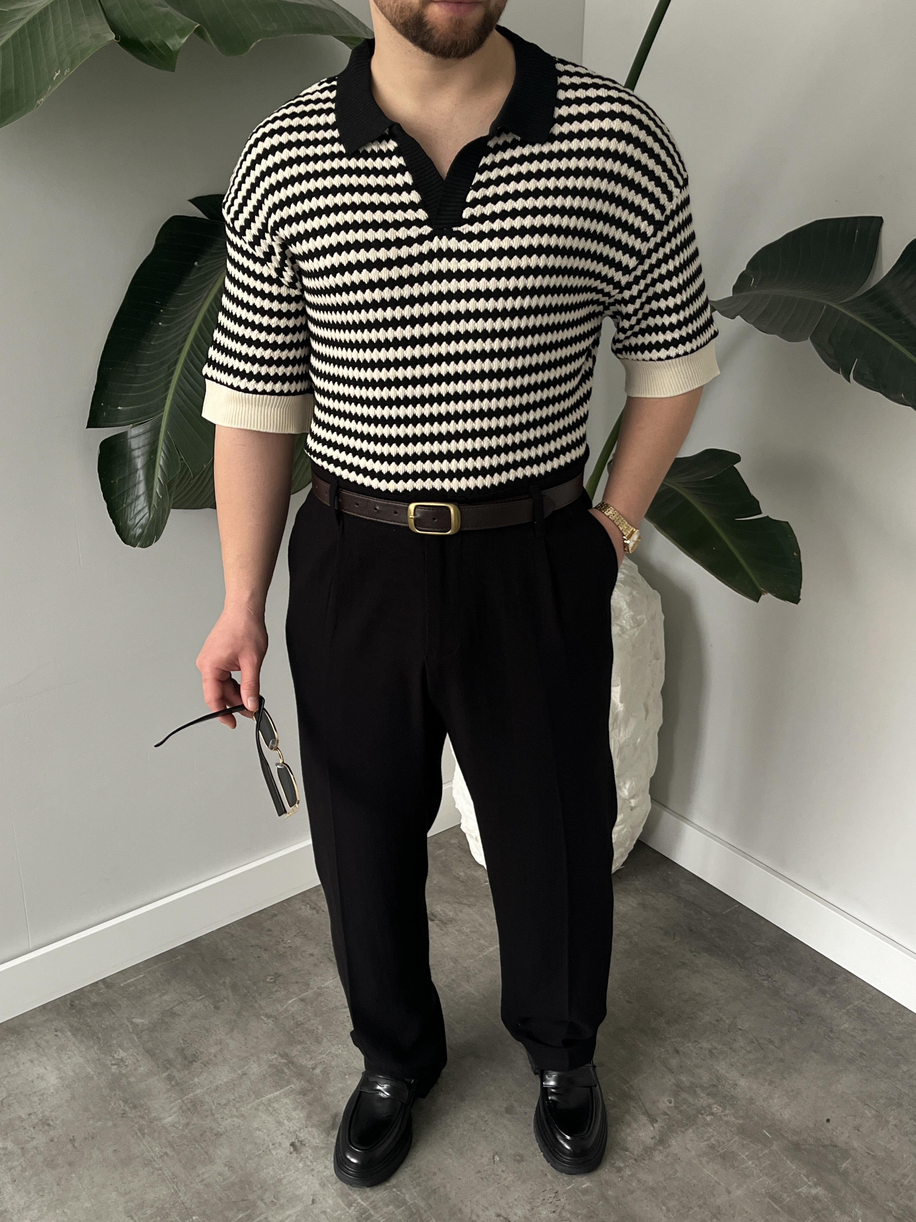 Fioro Siyah Diagonel Desen Oversize Örme Polo Yaka T-shirt