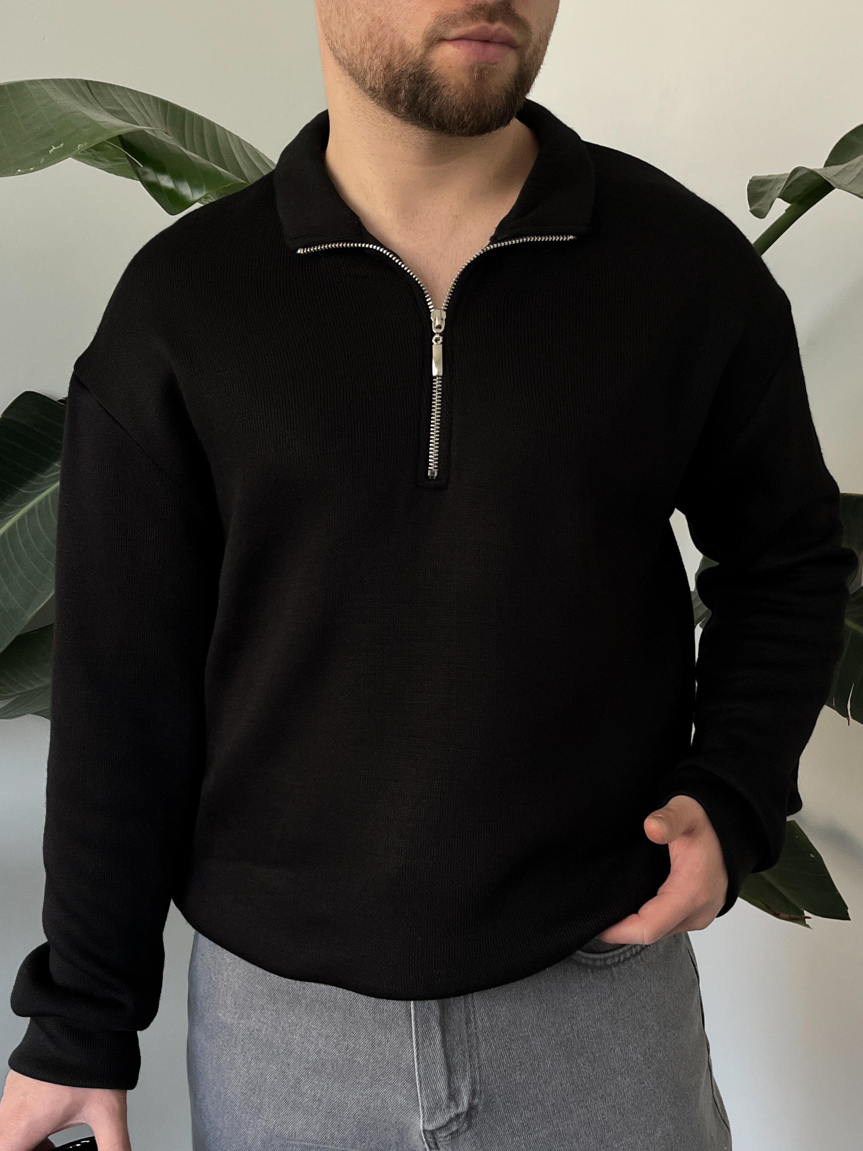 Flexzip Siyah Polo Fermuar Yaka Triko Kazak