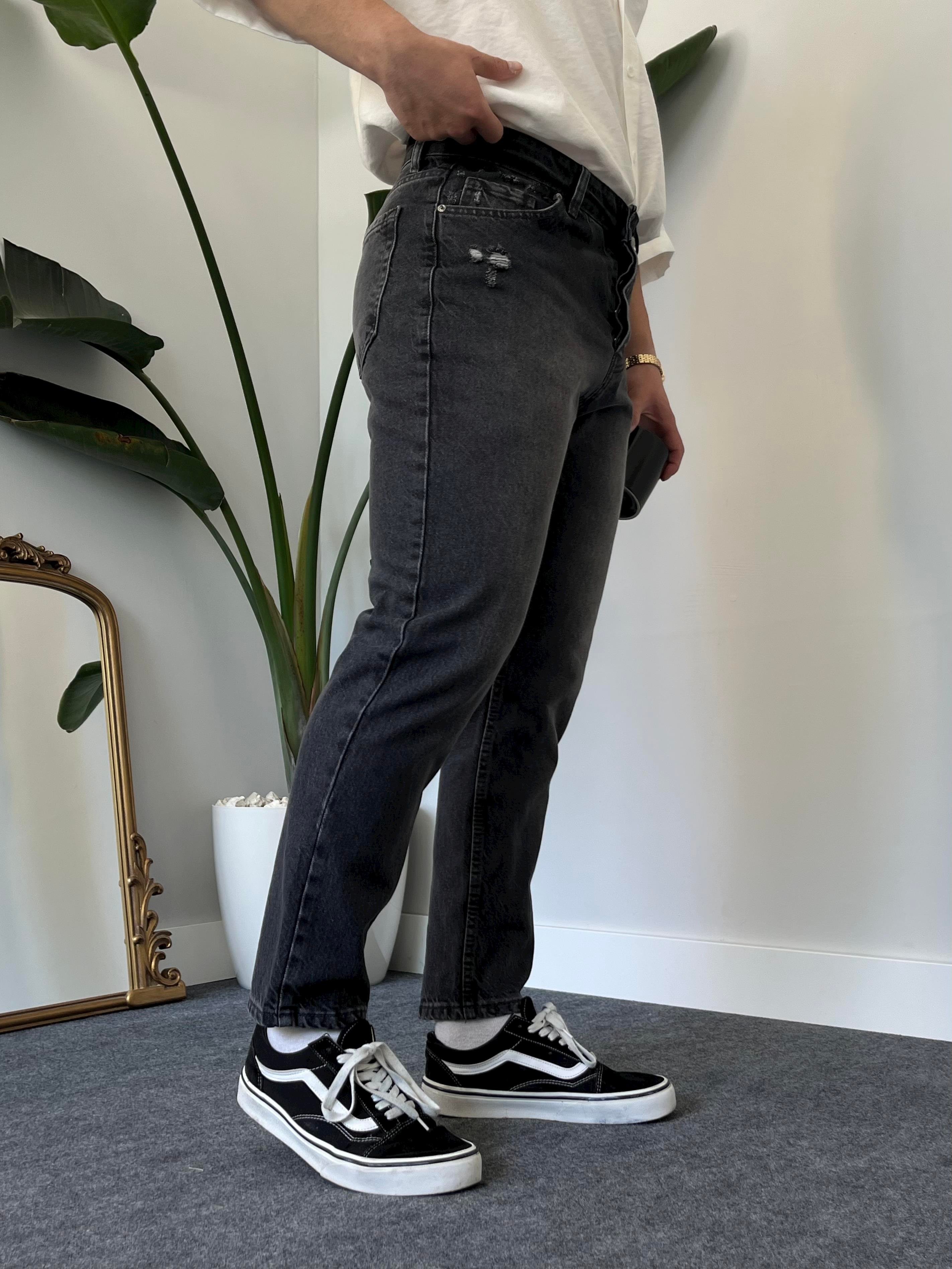 Füme Degrade Minimal Yırtık Boyfriend Jean 