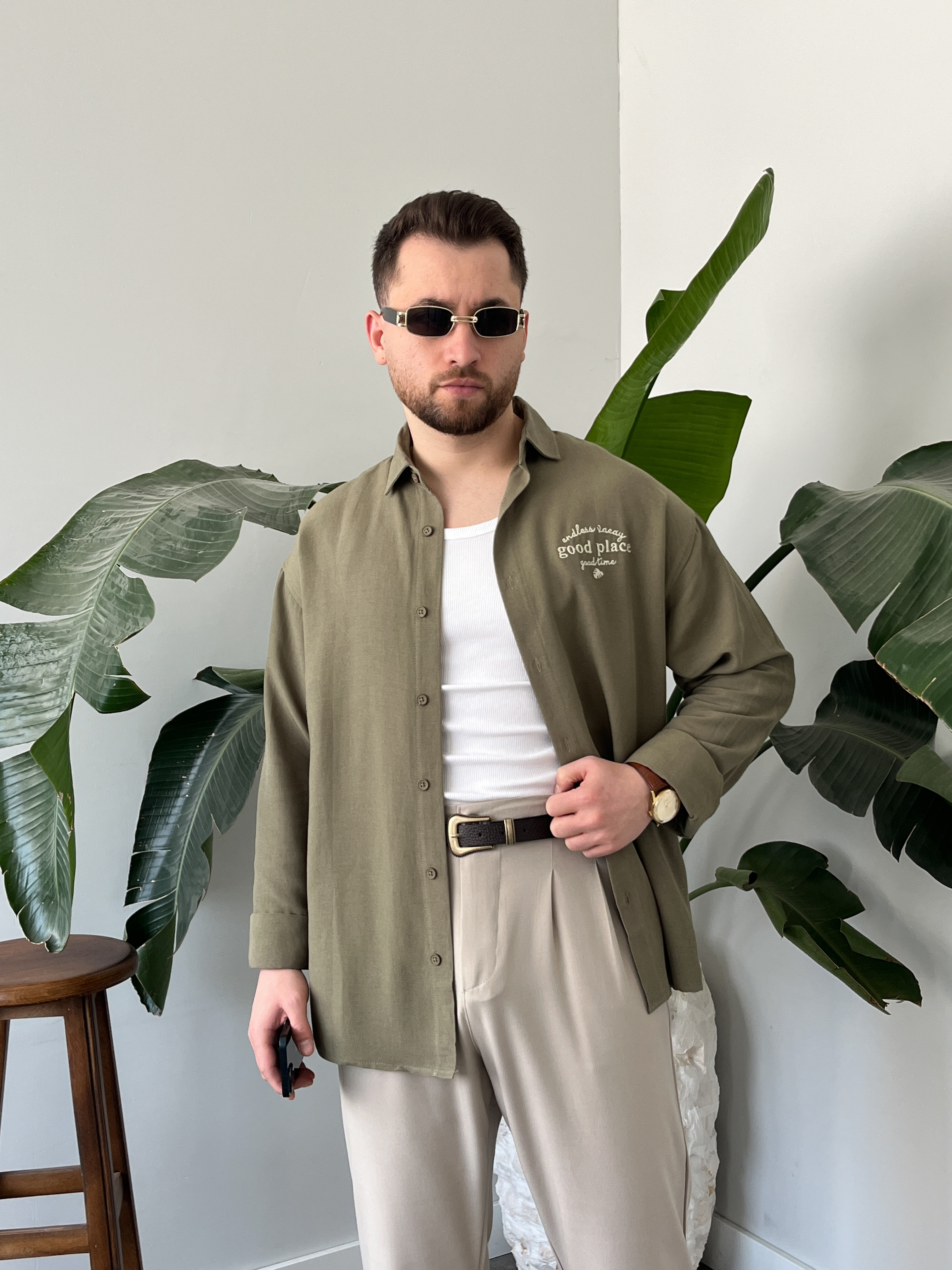 Good Place Nakışlı Çağla Keten Oversize Gömlek