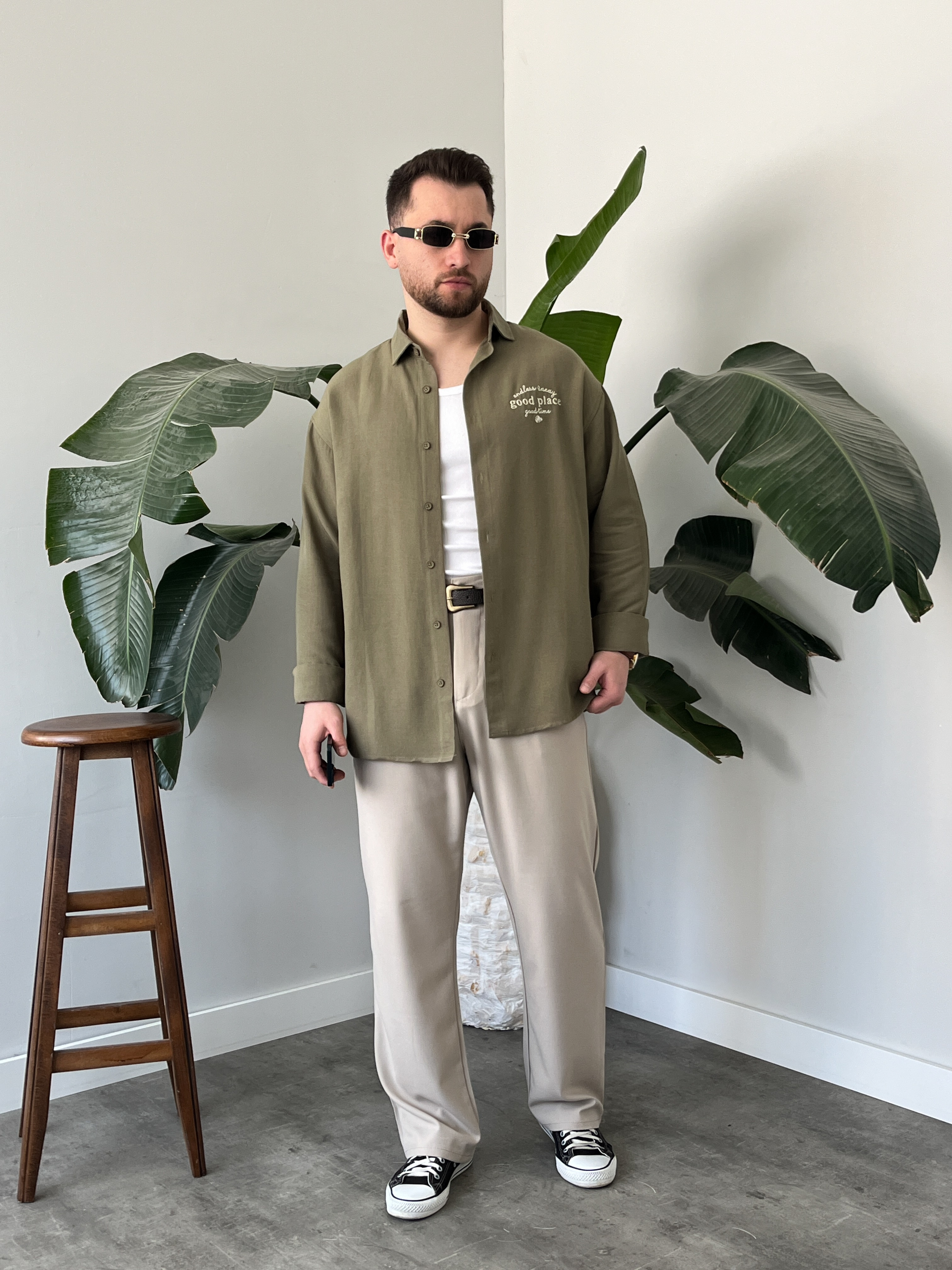 Good Place Nakışlı Çağla Keten Oversize Gömlek