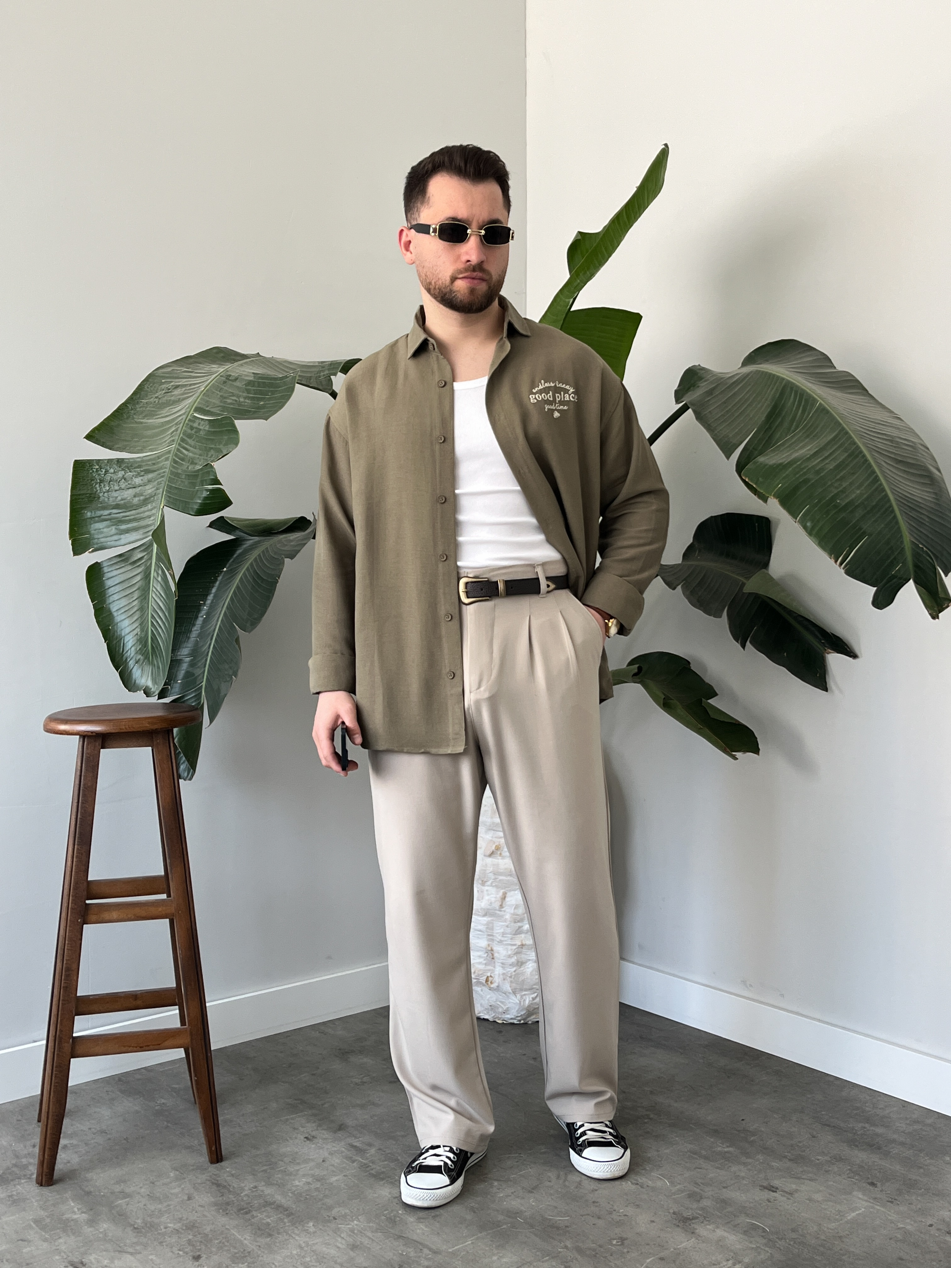Good Place Nakışlı Çağla Keten Oversize Gömlek