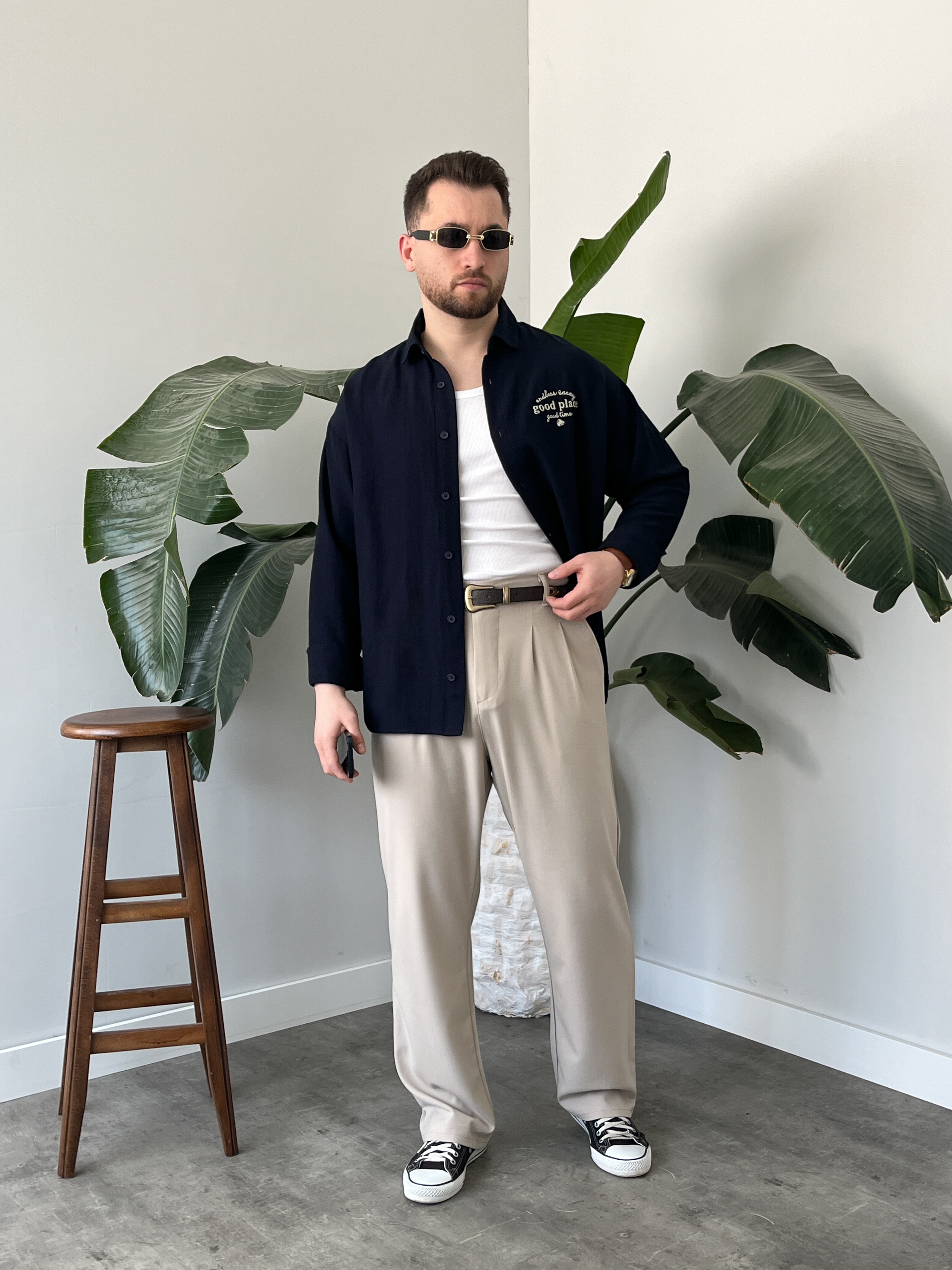Good Place Nakışlı Lacivert Keten Oversize Gömlek