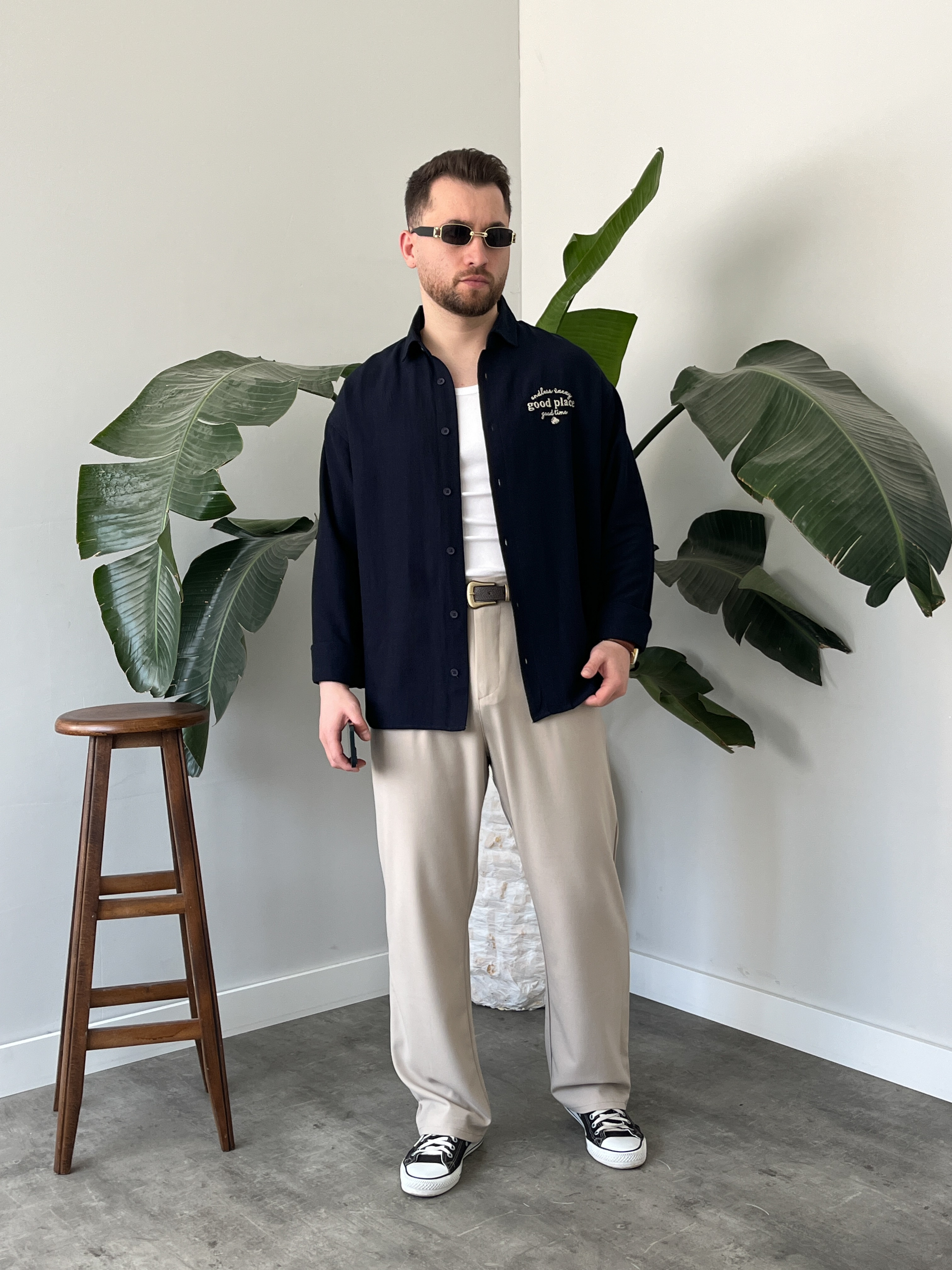 Good Place Nakışlı Lacivert Keten Oversize Gömlek