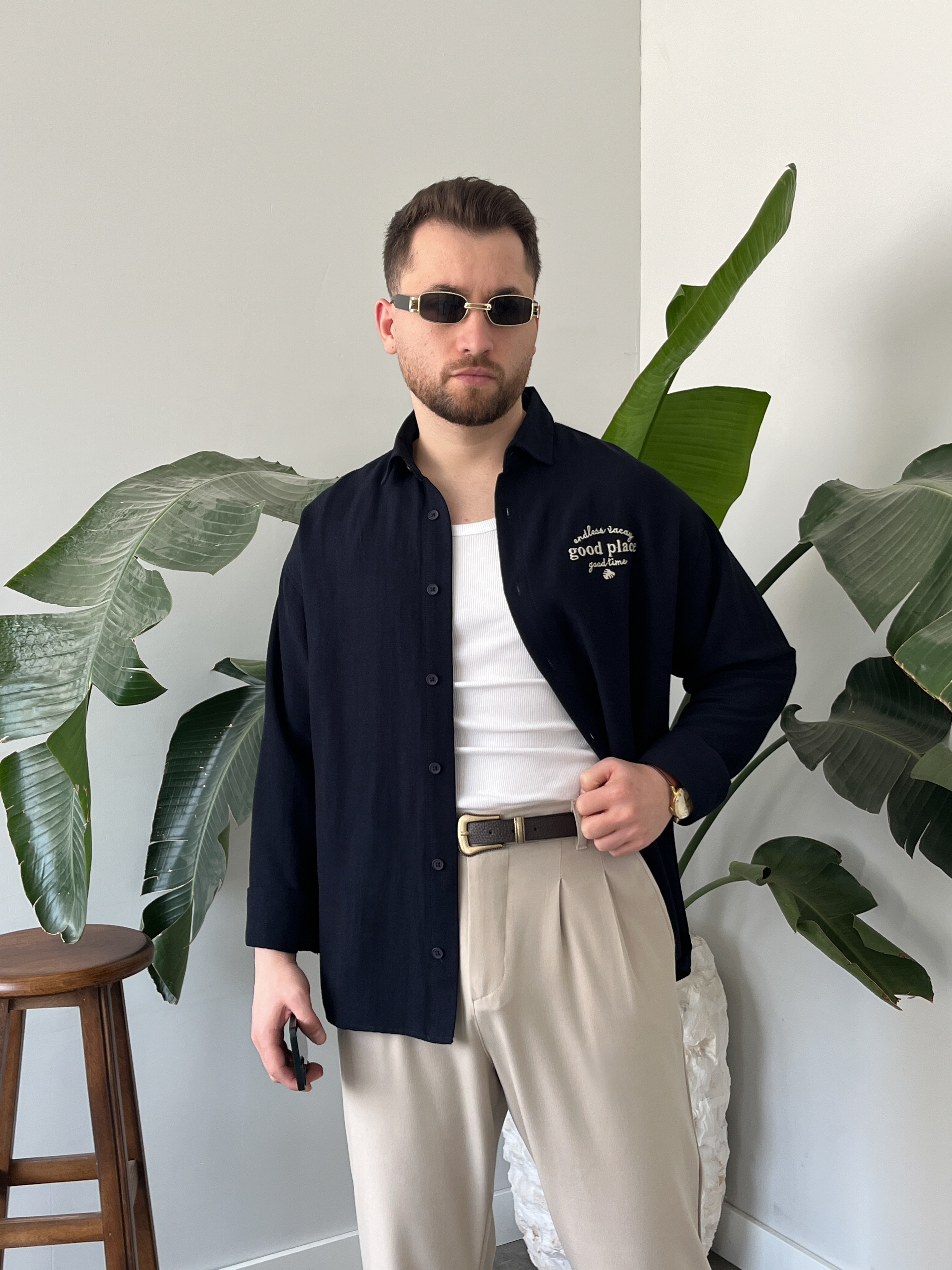 Good Place Nakışlı Lacivert Keten Oversize Gömlek