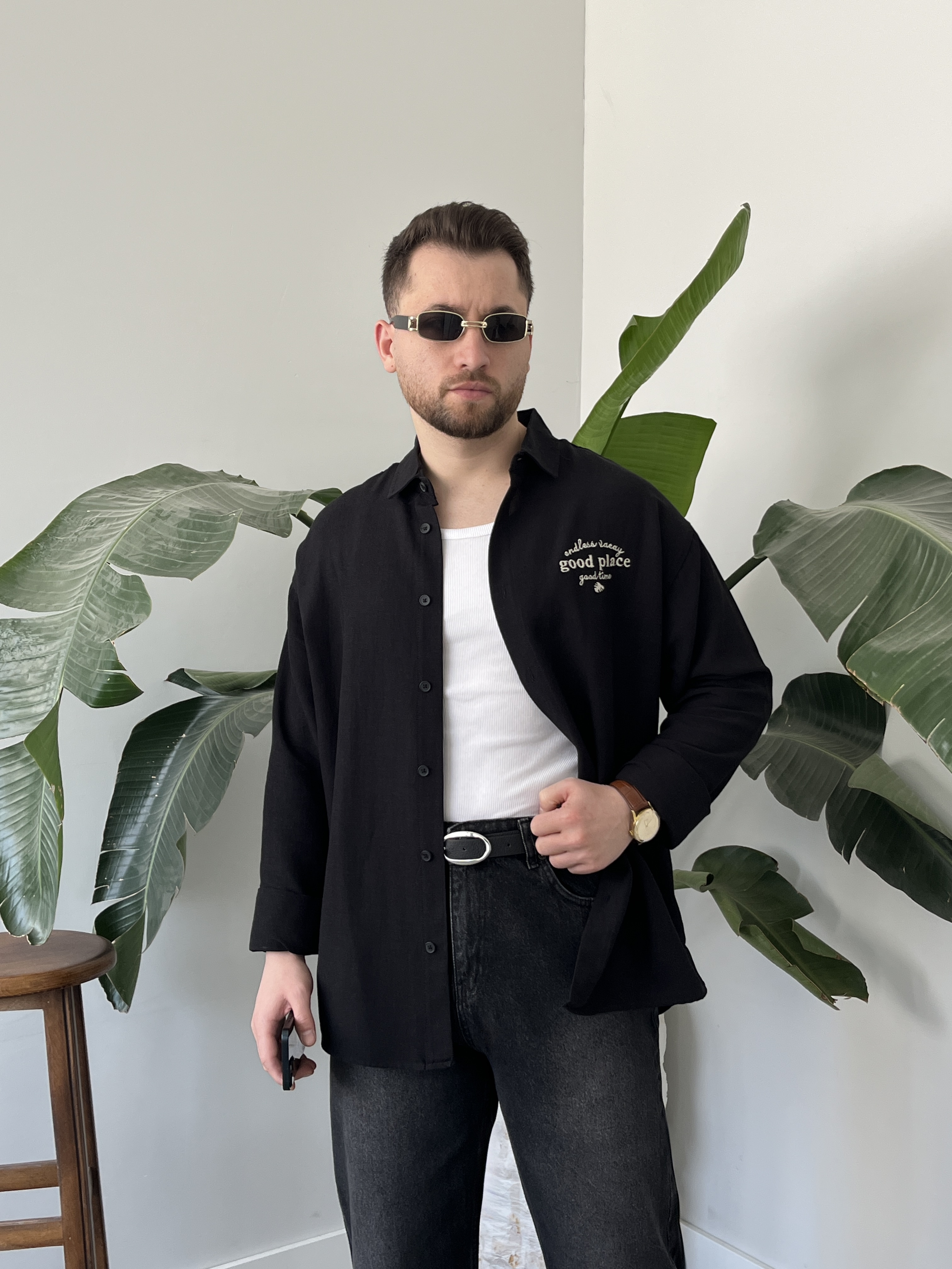 Good Place Nakışlı Siyah Keten Oversize Gömlek