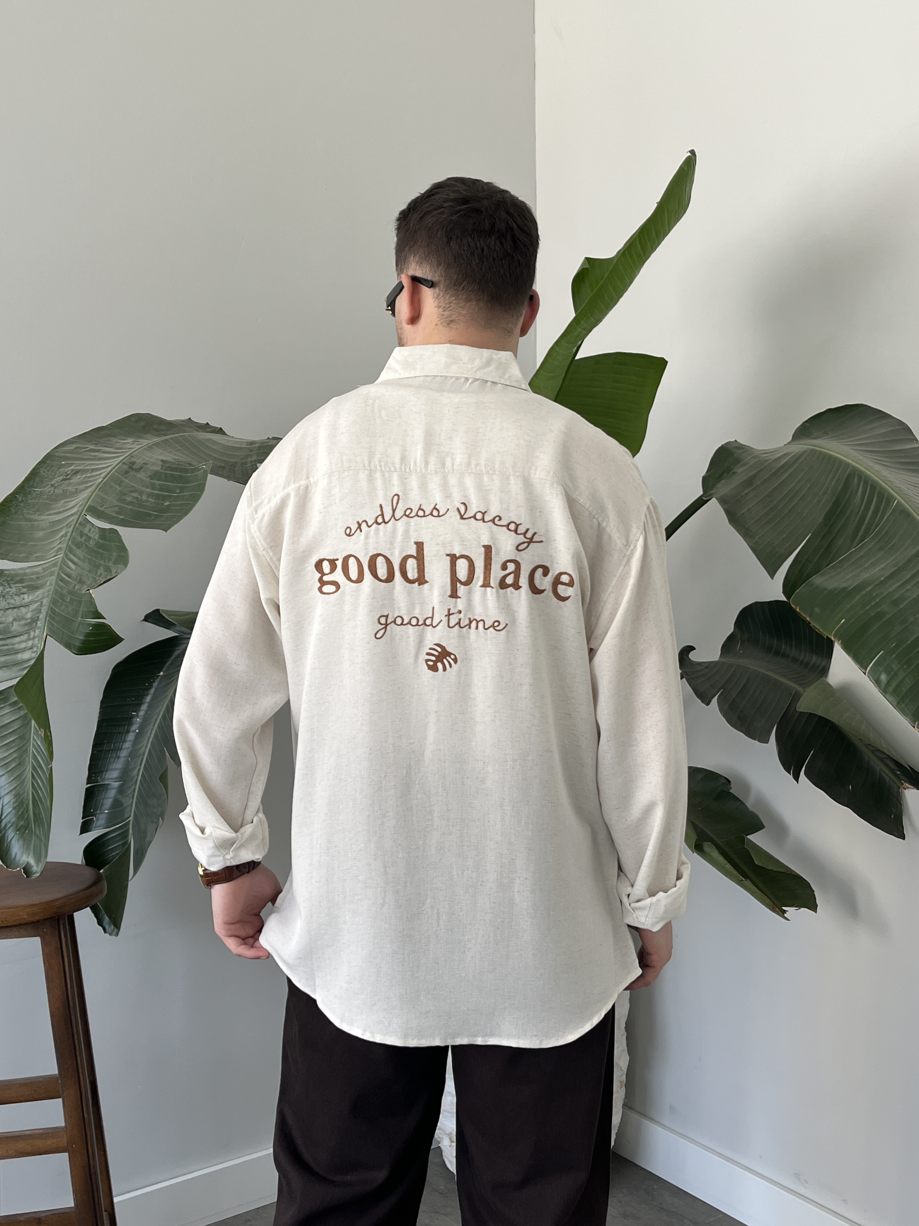 Good Place Nakışlı Taş Keten Oversize Gömlek