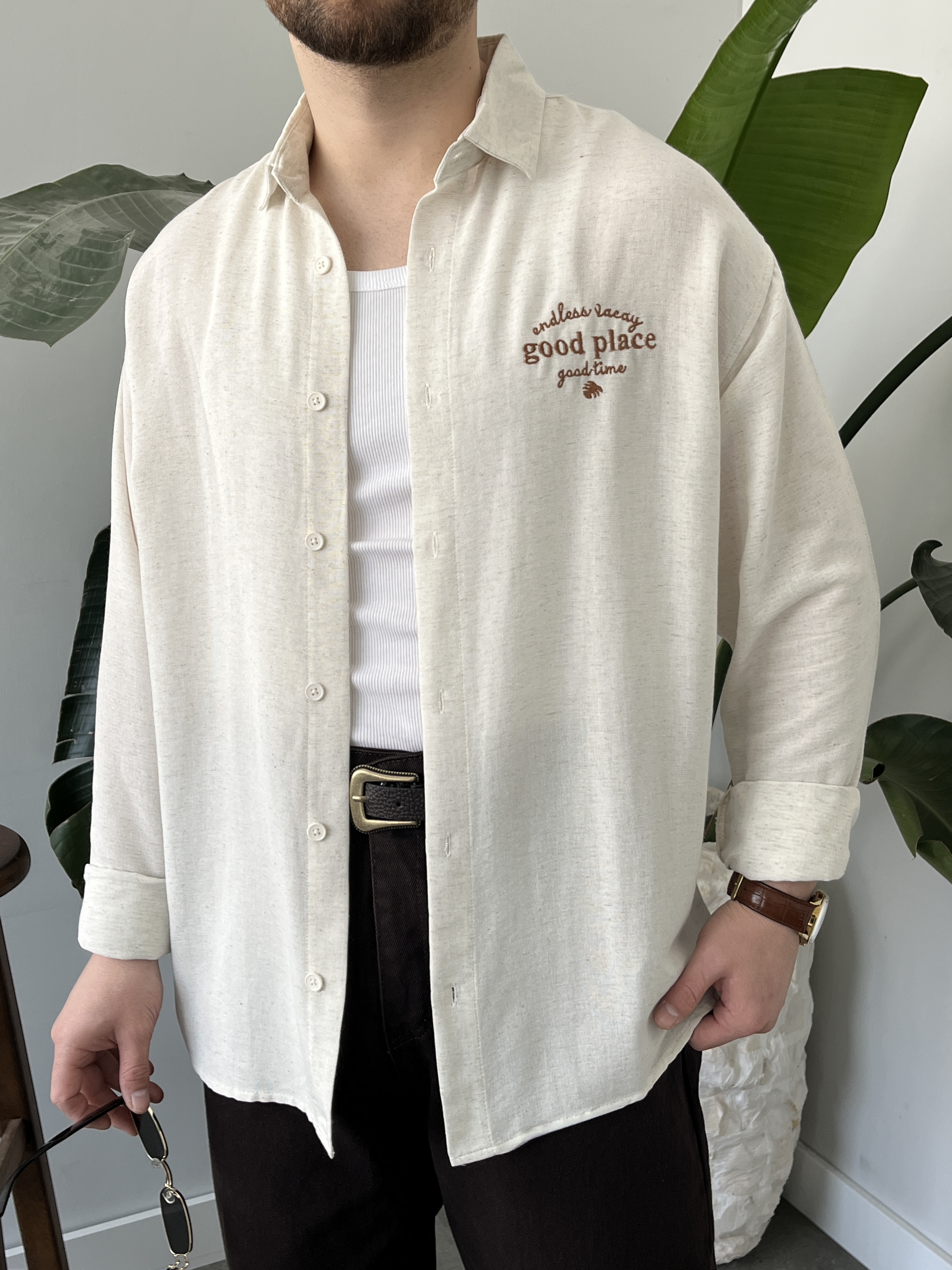Good Place Nakışlı Taş Keten Oversize Gömlek