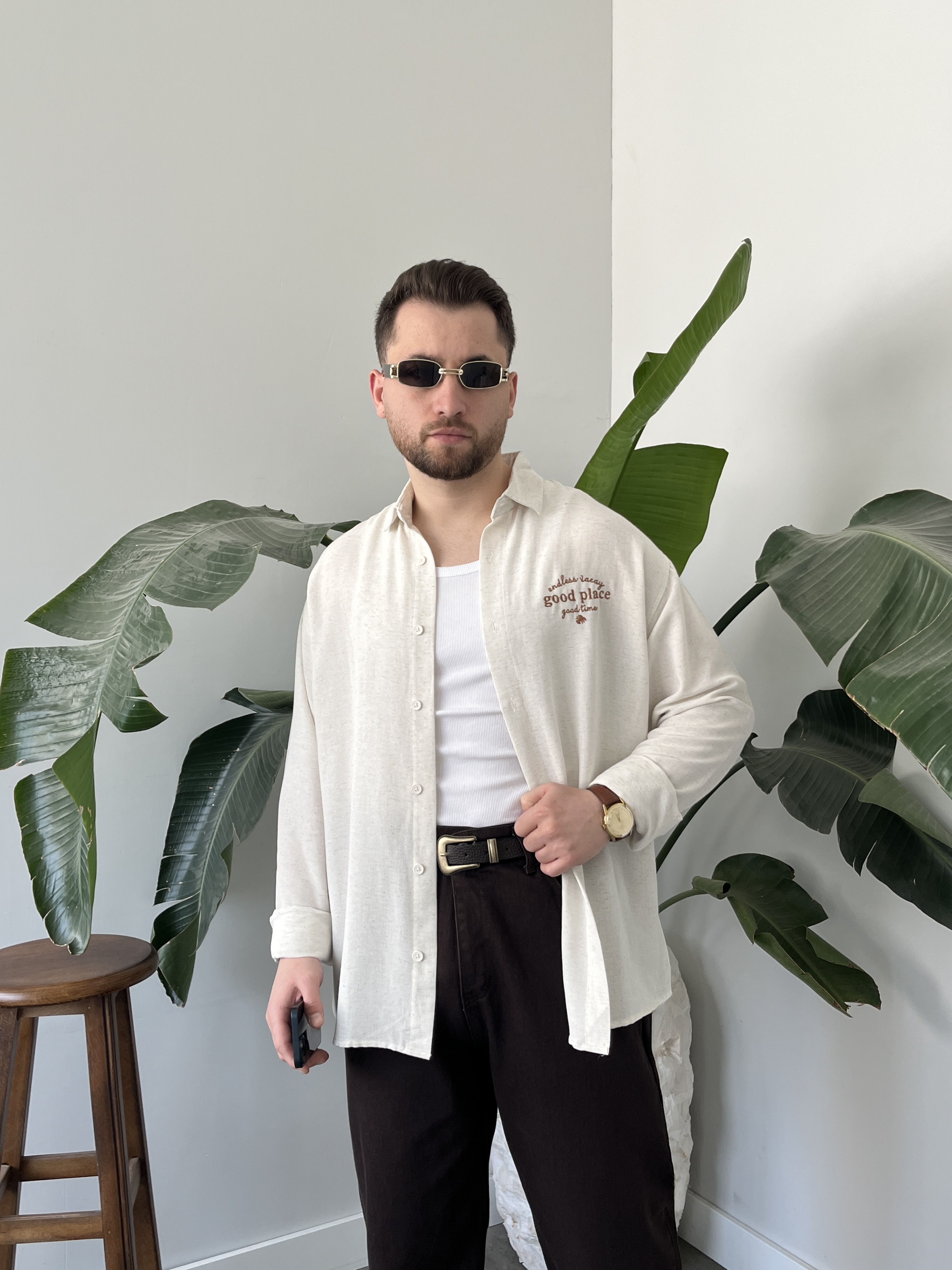 Good Place Nakışlı Taş Keten Oversize Gömlek