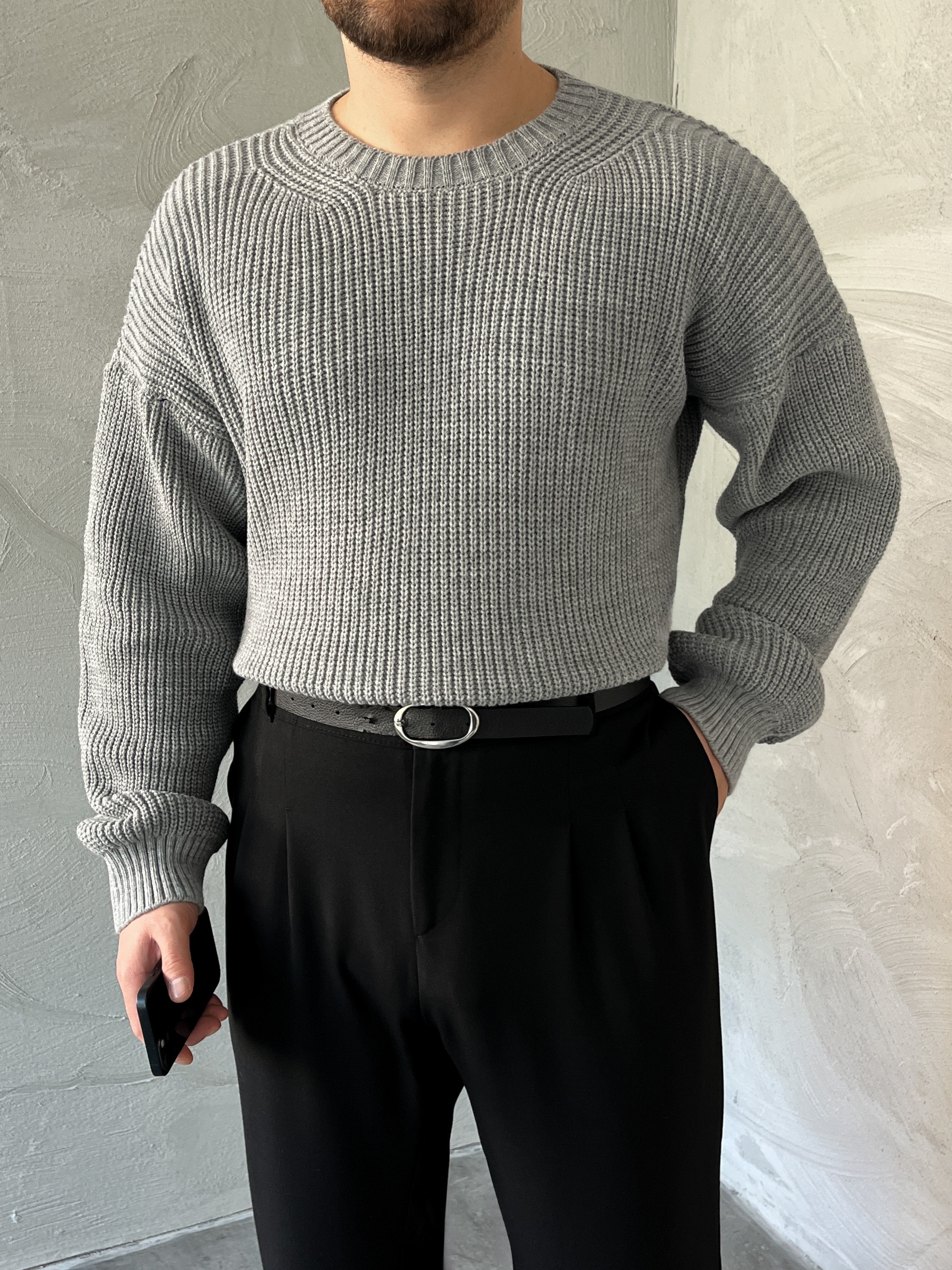 Gri Basic Örgü Oversize Kazak