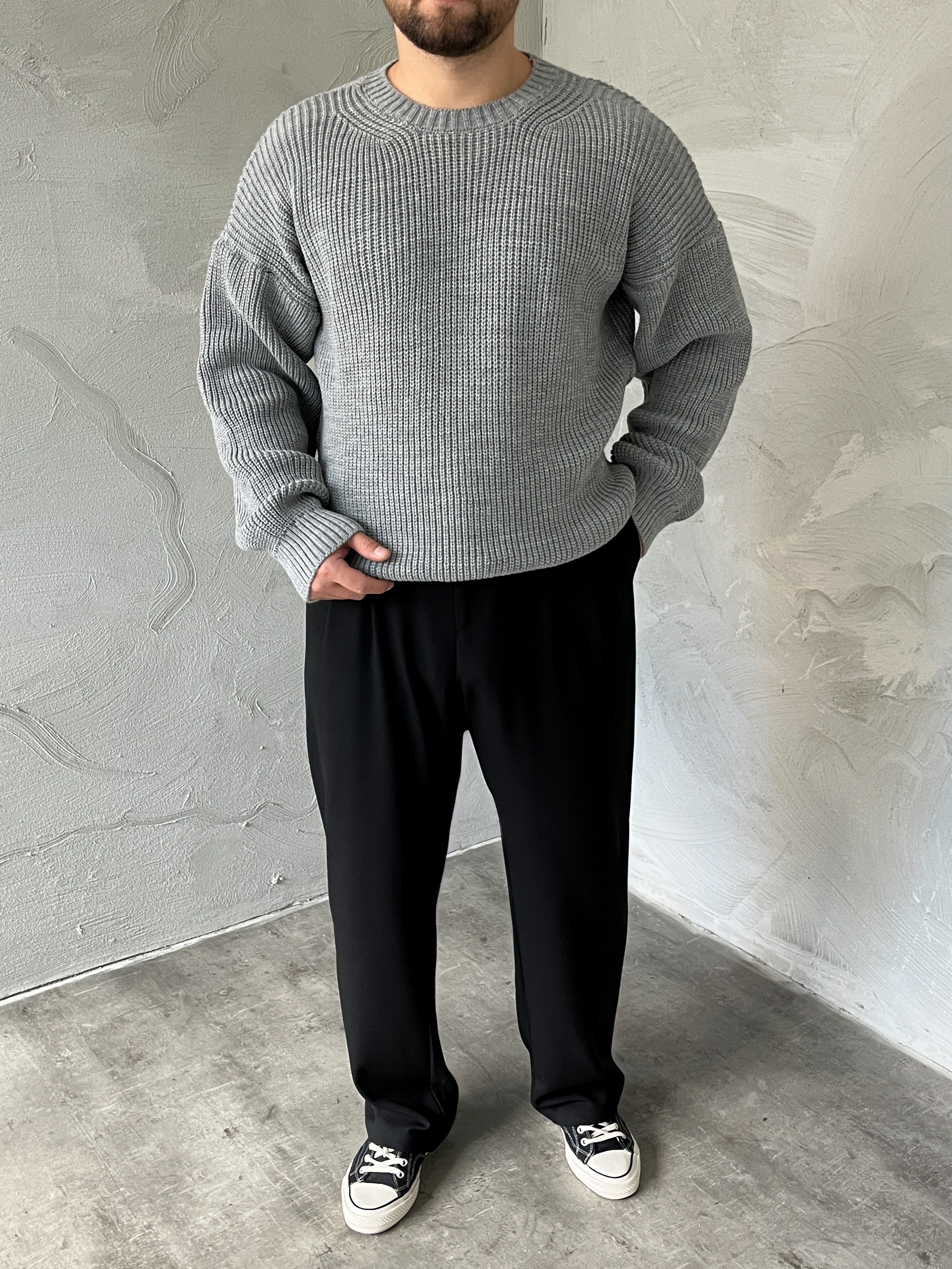 Gri Basic Örgü Oversize Kazak