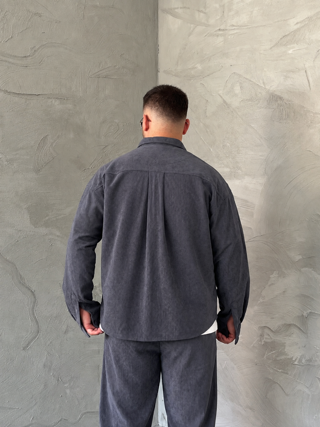 Gri Boxy Fit Fitilli Kadife Takım