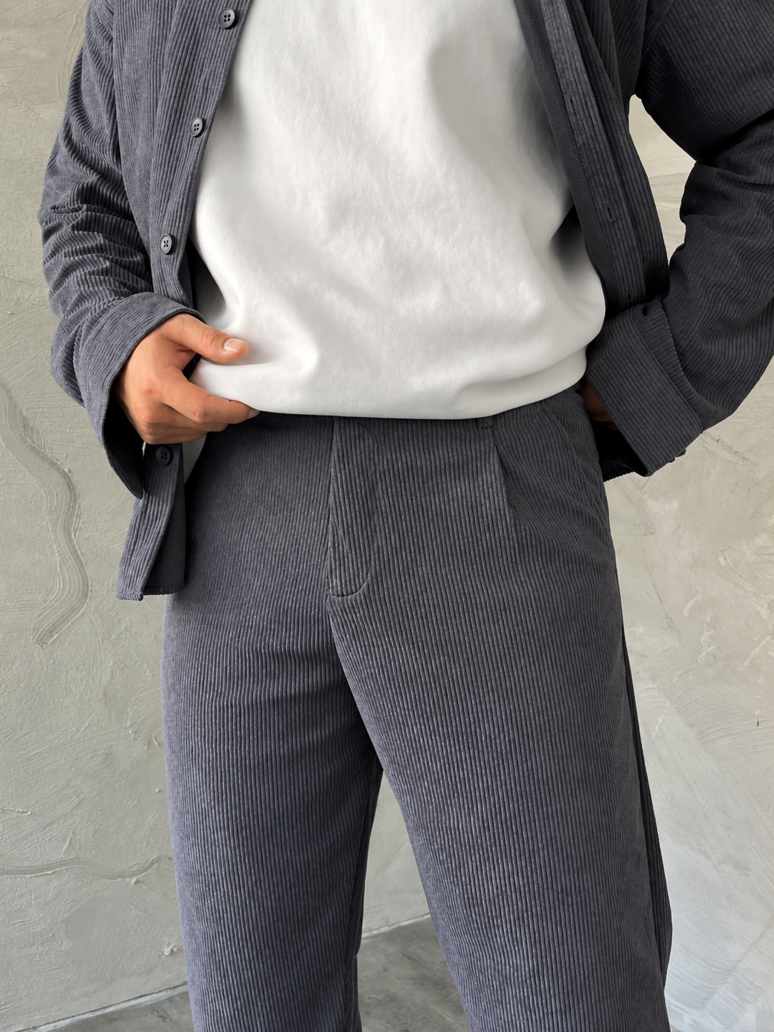 Gri Boxy Fit Fitilli Kadife Takım