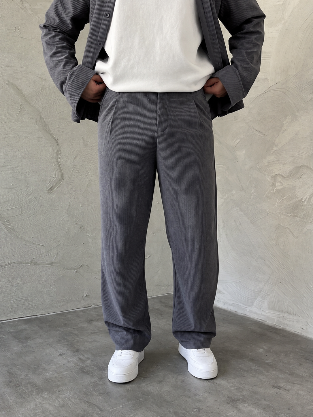Gri Boxy Fit Fitilli Kadife Takım