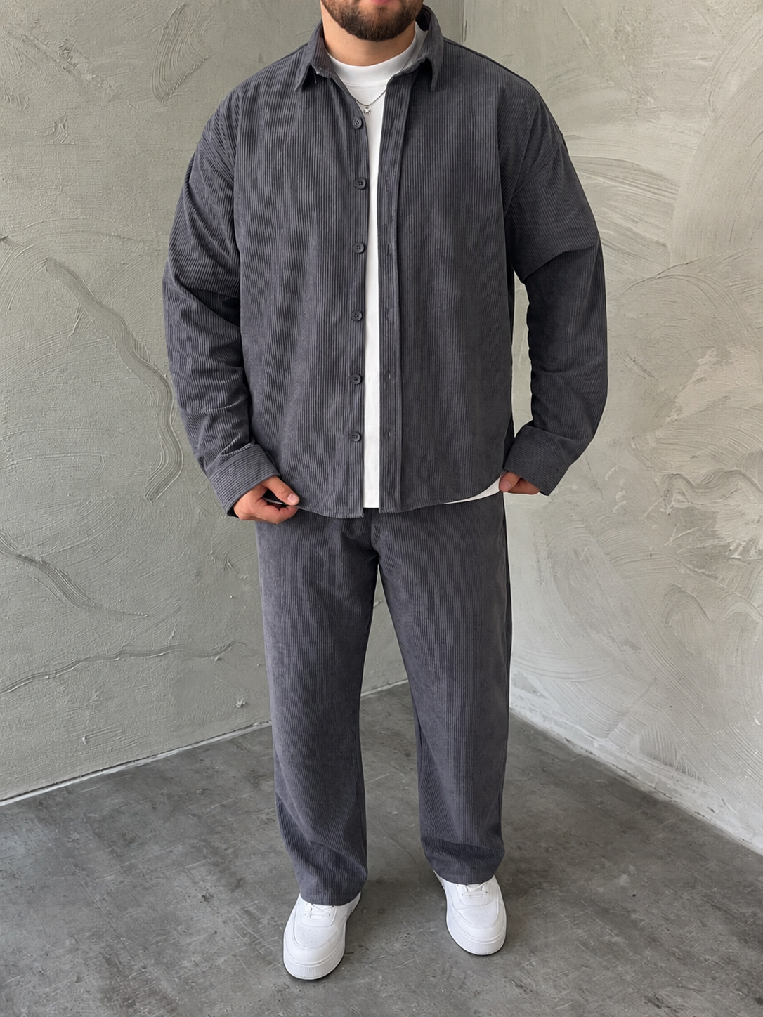 Gri Boxy Fit Fitilli Kadife Takım