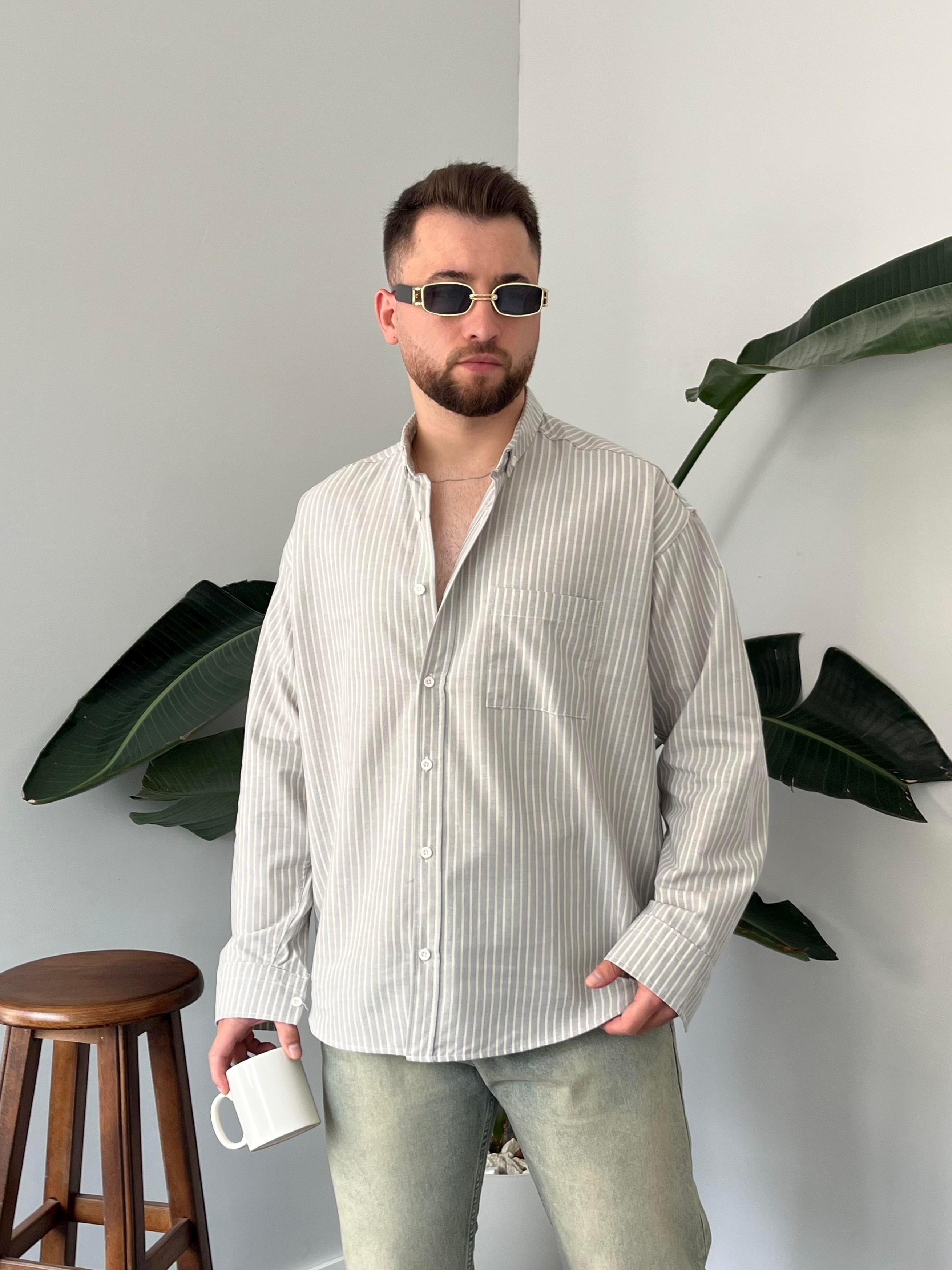 Gri Casual Çizgili Oversize Gömlek