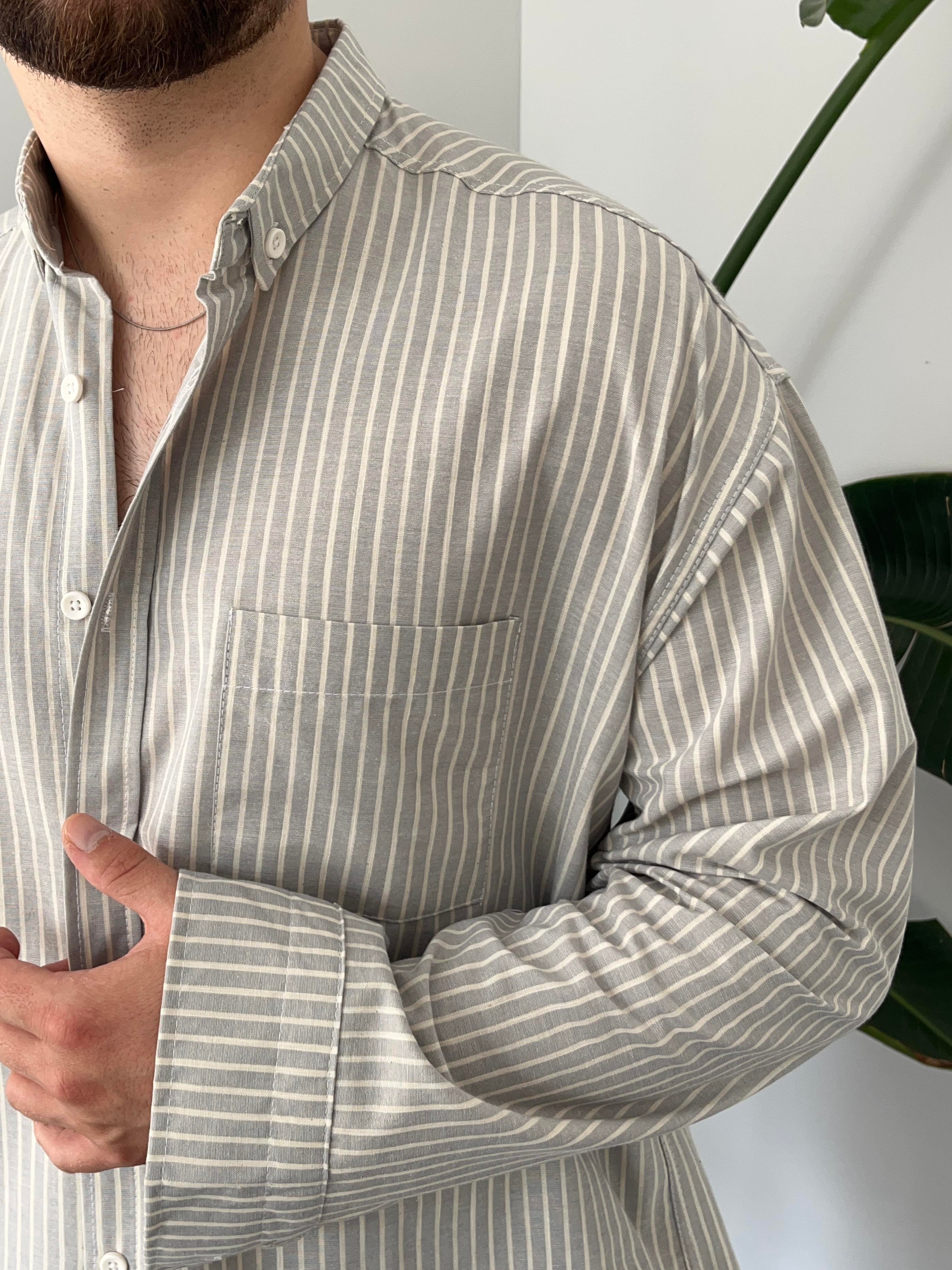 Gri Casual Çizgili Oversize Gömlek