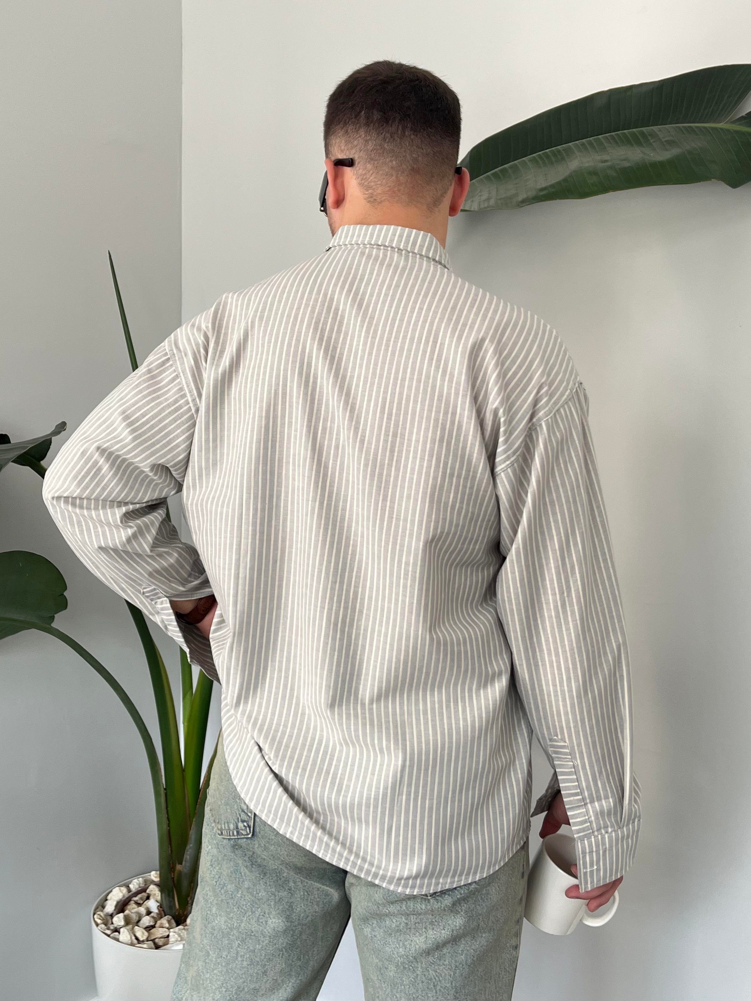 Gri Casual Çizgili Oversize Gömlek