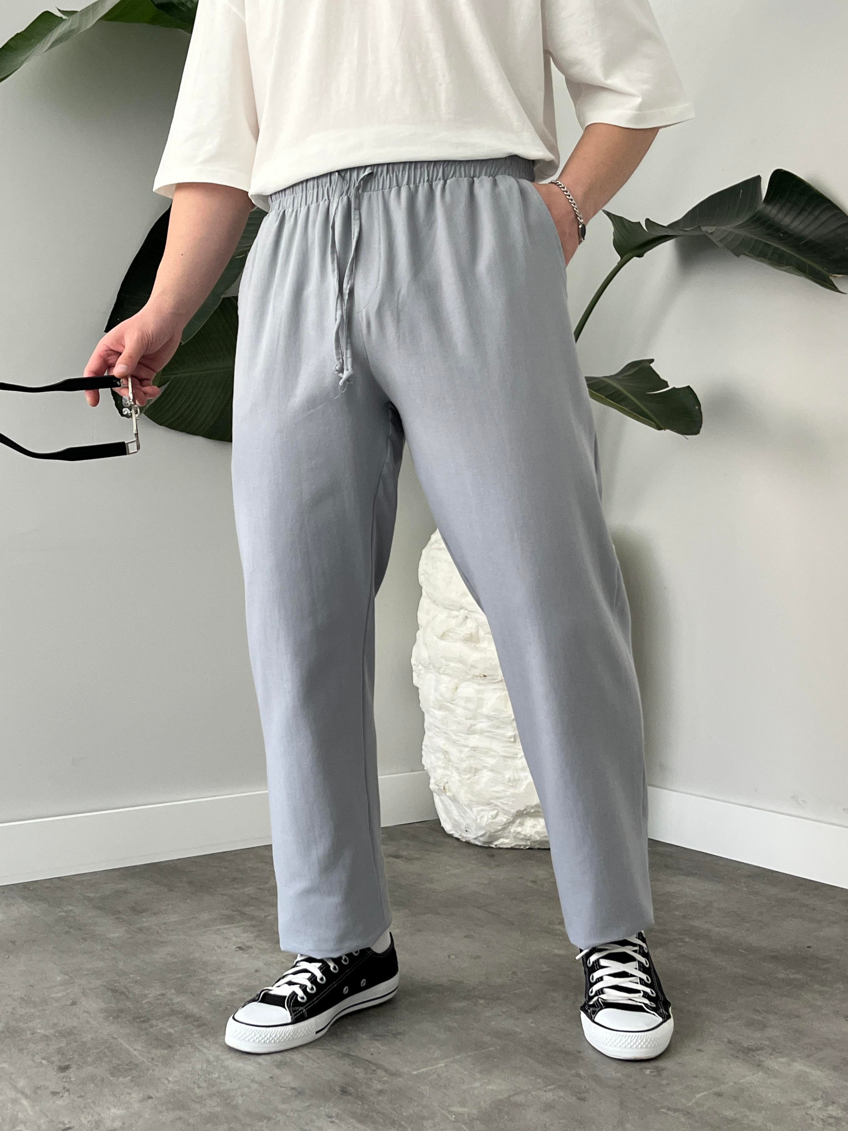 Gri Gabardin Keten Baggy Pantolon