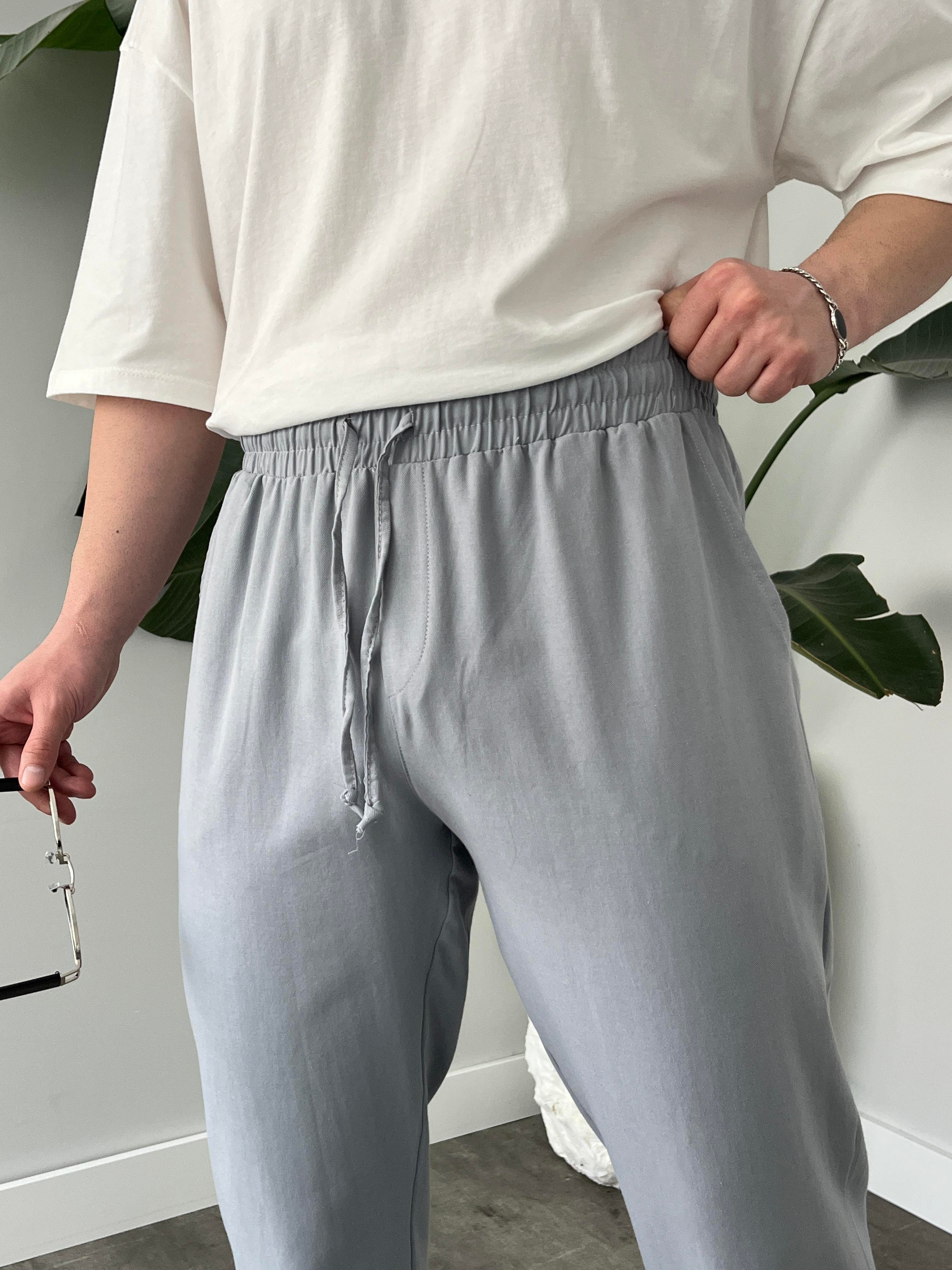 Gri Gabardin Keten Baggy Pantolon