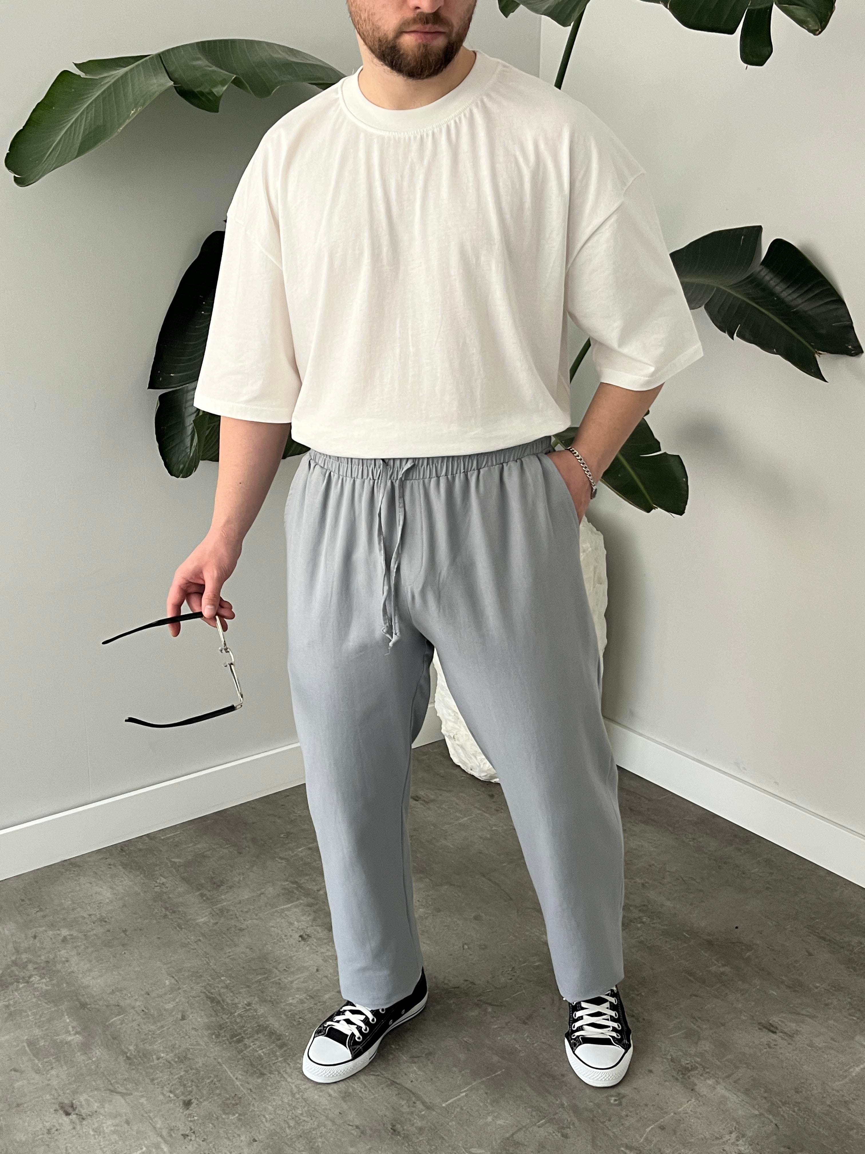 Gri Gabardin Keten Baggy Pantolon