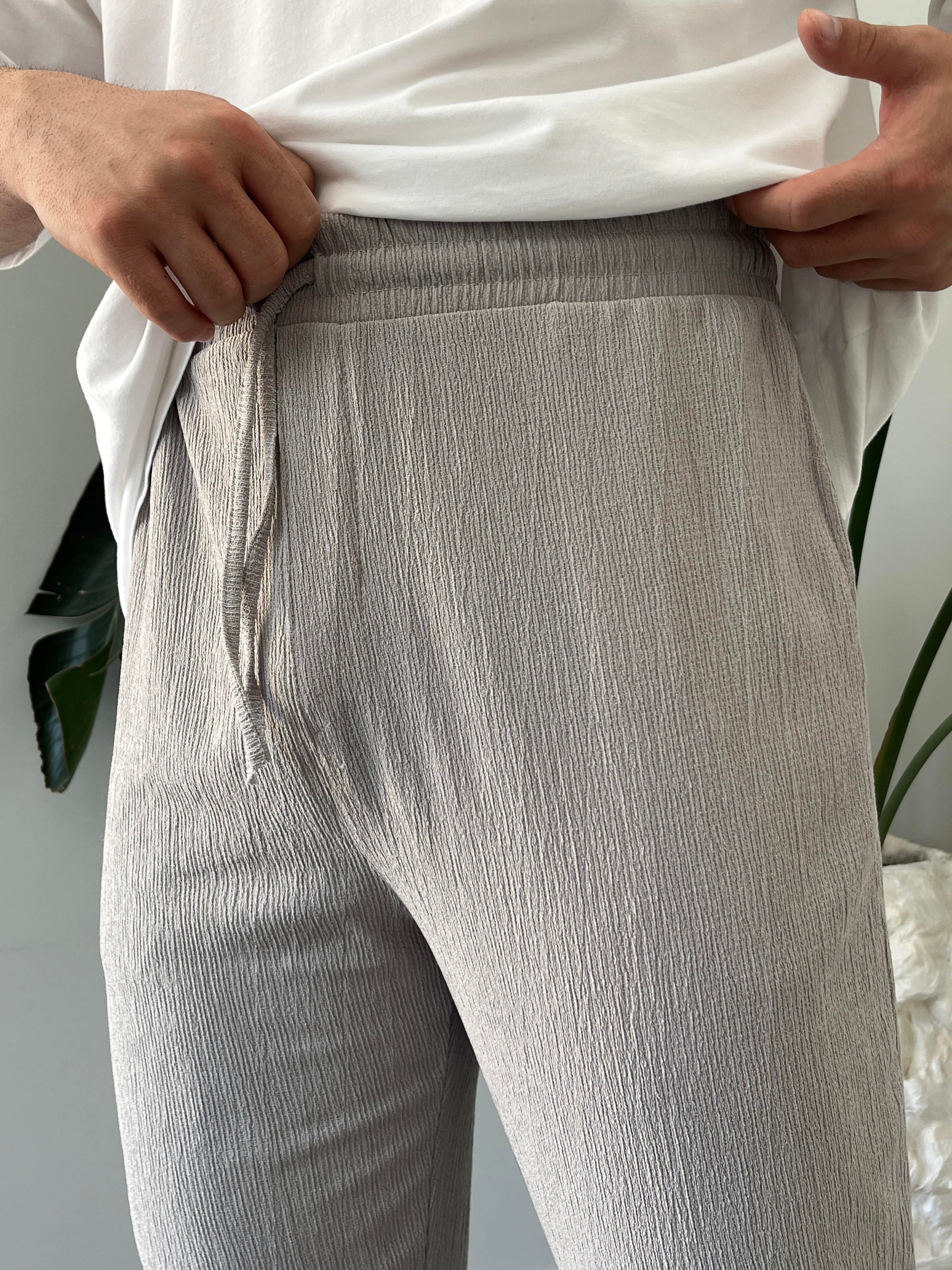 Gri Krinkıl Kumaş Relax Fit Pantolon