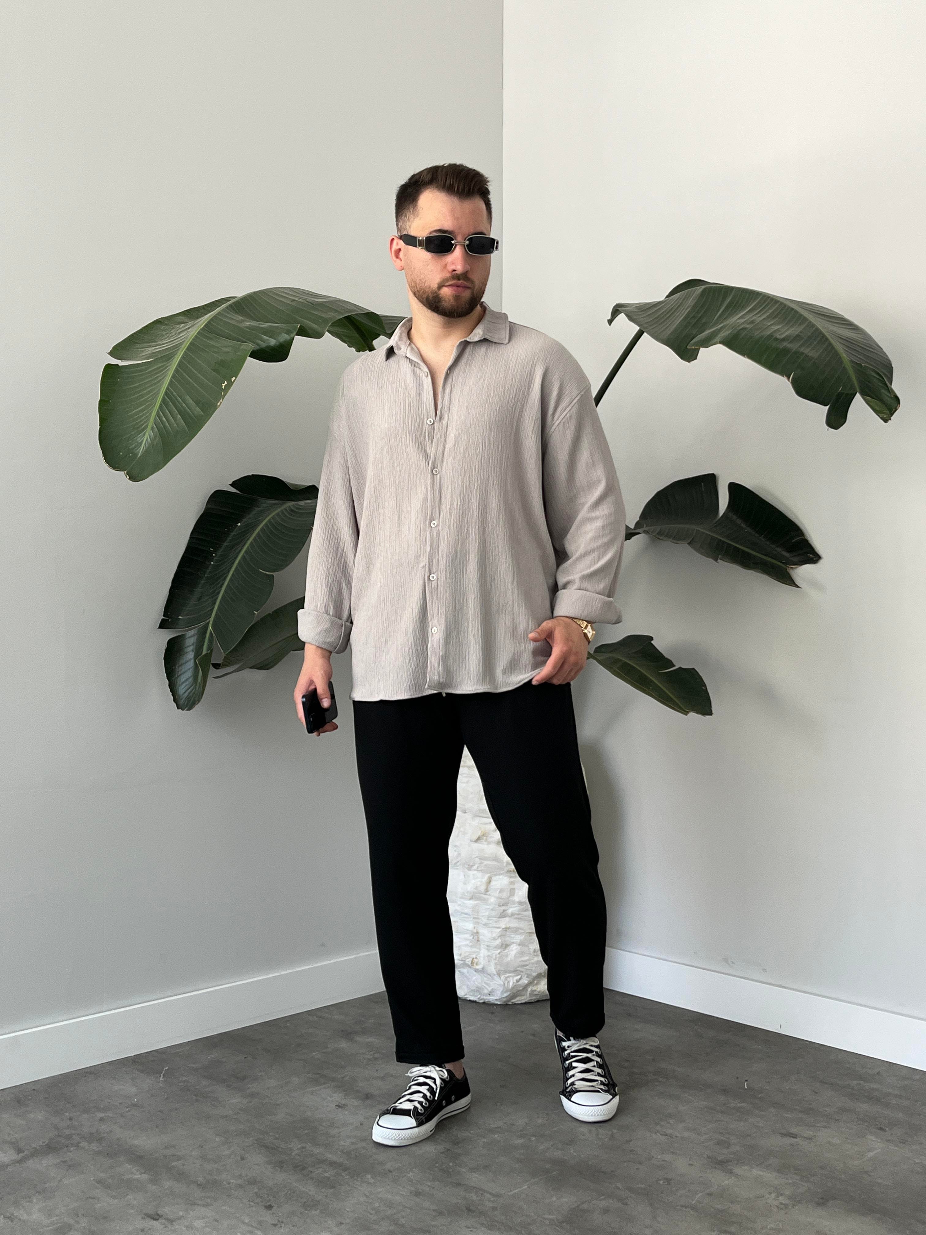 Gri Seul Kumaş Oversize Gömlek