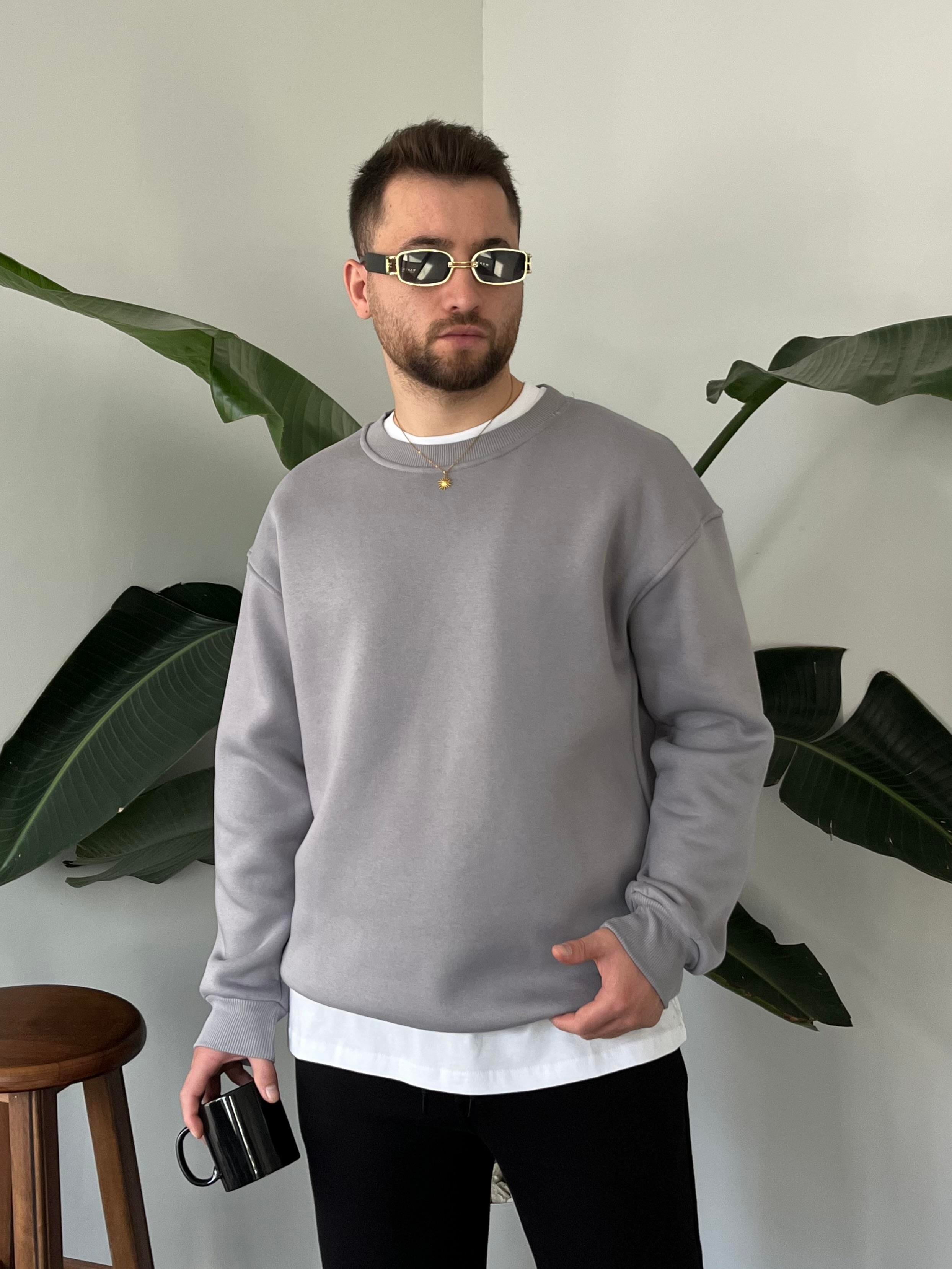 Gri Üç İplik Şardonlu Basic Sweatshirt