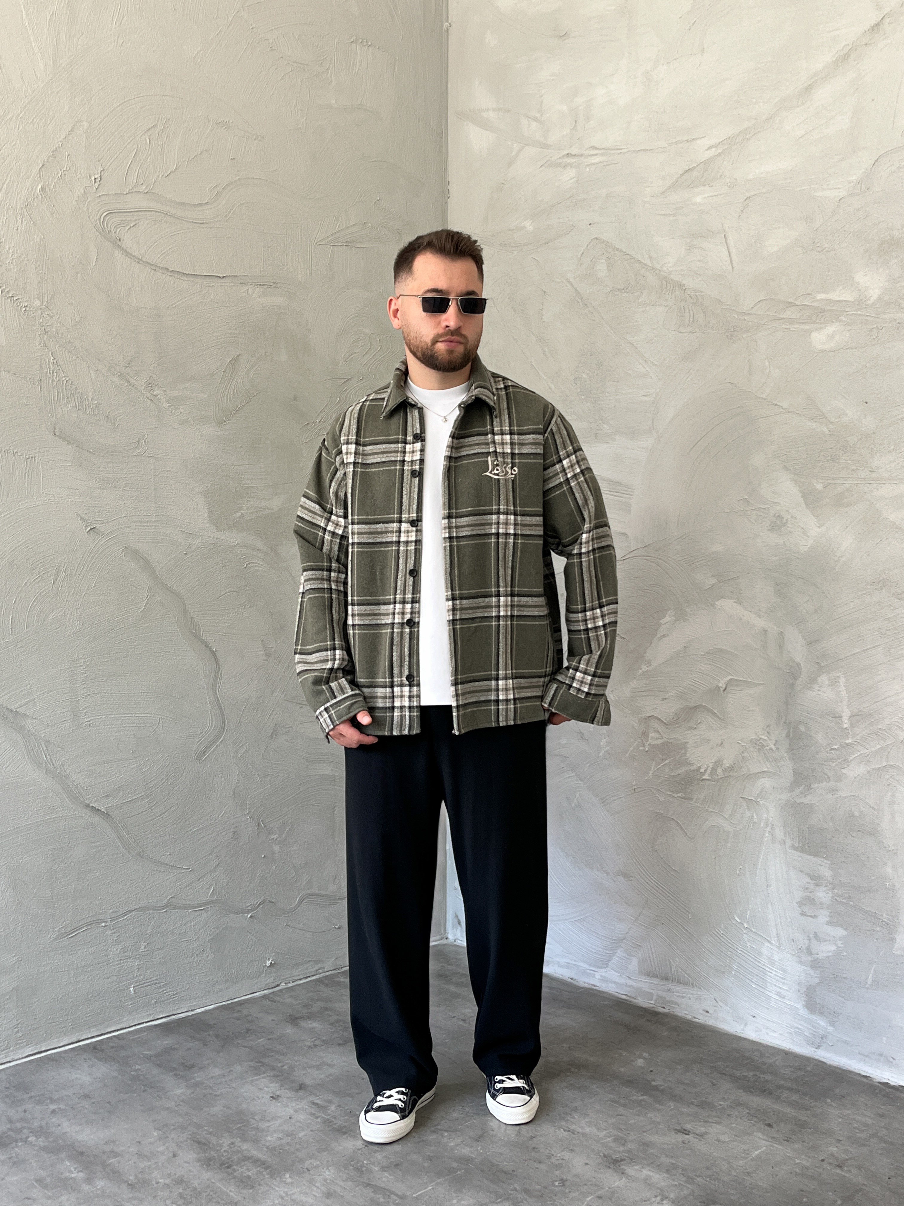 Haki Baskılı Oversize Ekose Gömlek