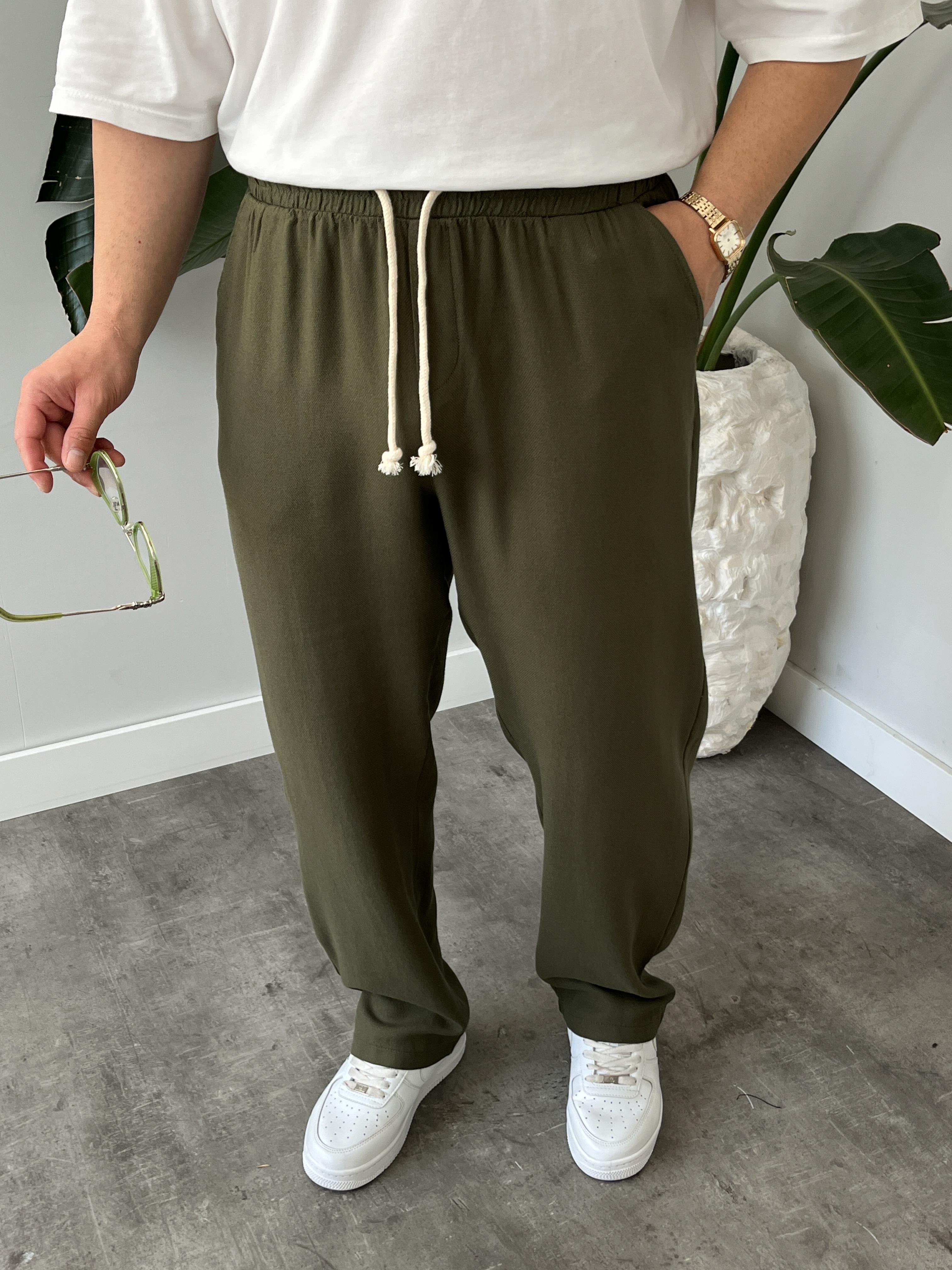 Haki Burgu Bağcık Detaylı Pamuk Keten Relax Fit Pantolon