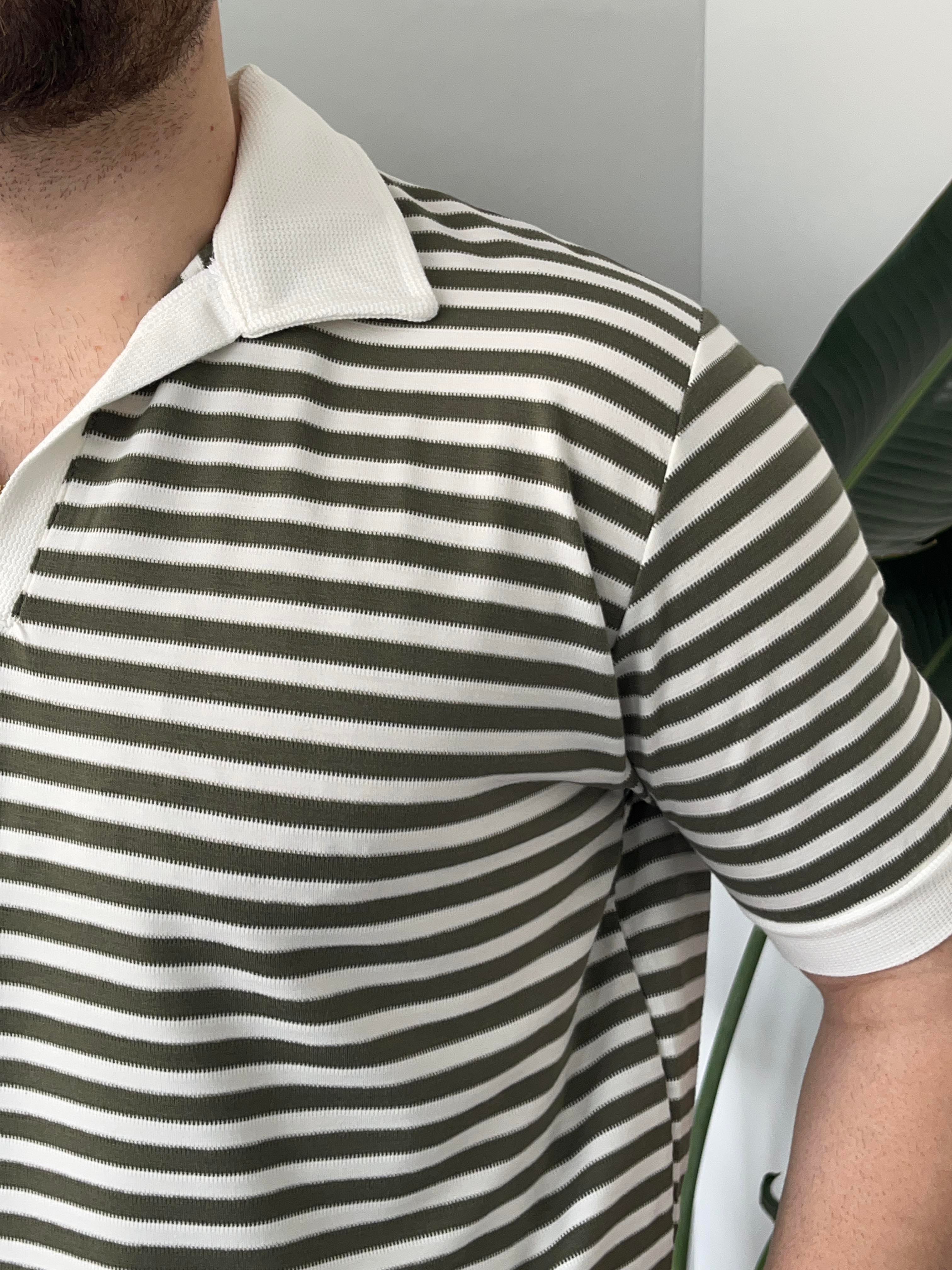 Haki Çizgili Polo Yaka Triko T-shirt