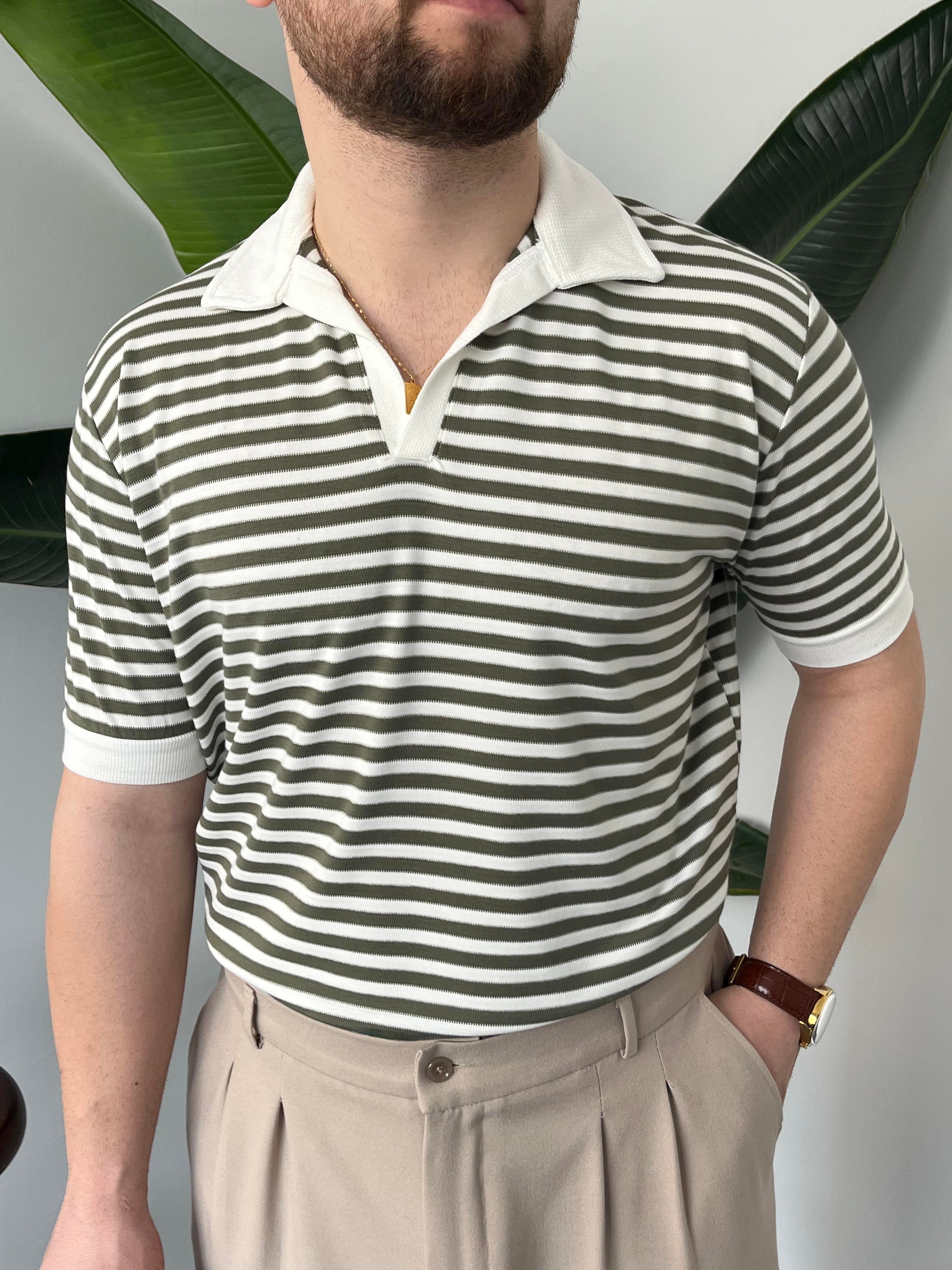Haki Çizgili Polo Yaka Triko T-shirt