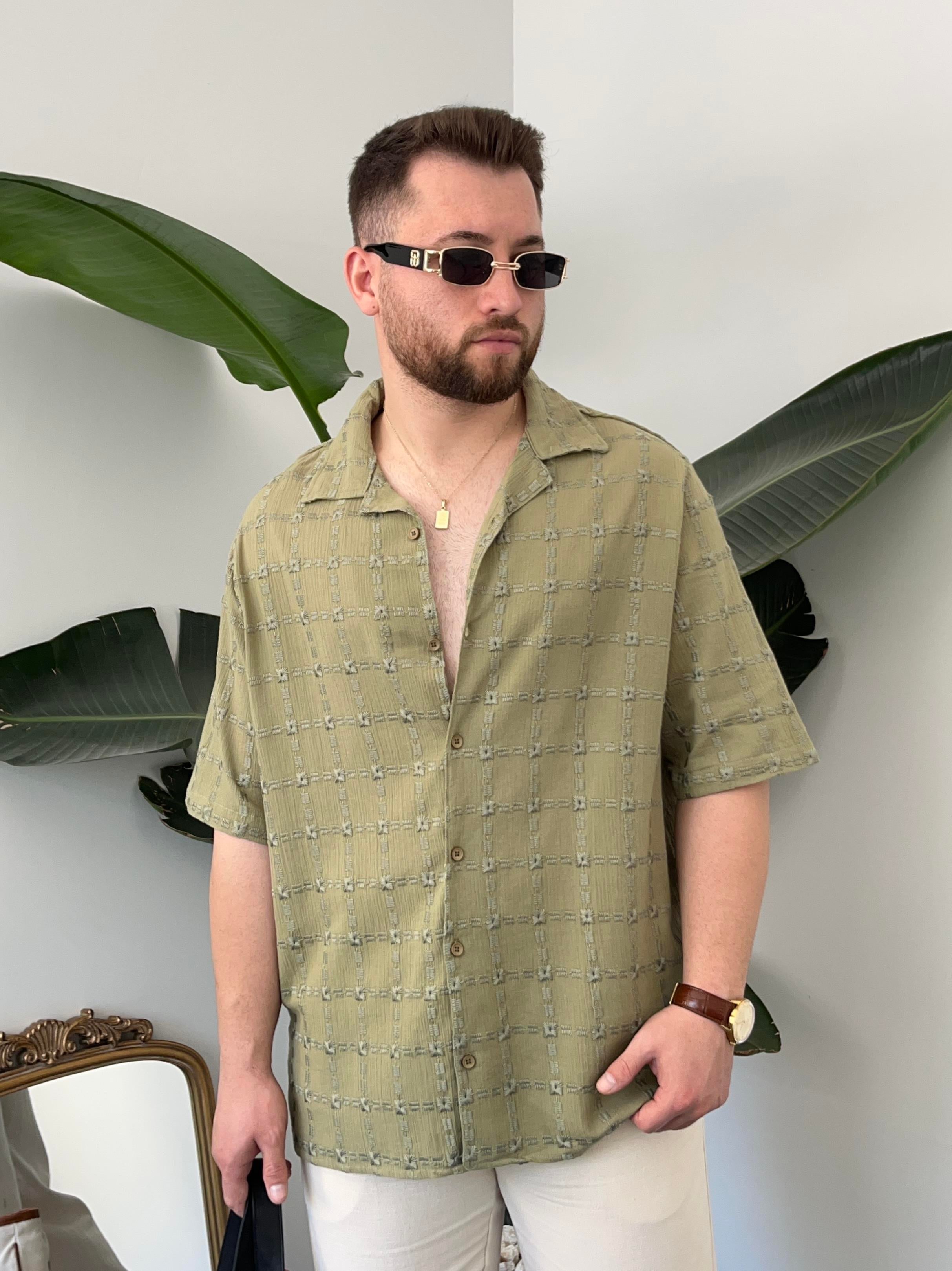 Haki Ekose Kareli Oversize Gömlek