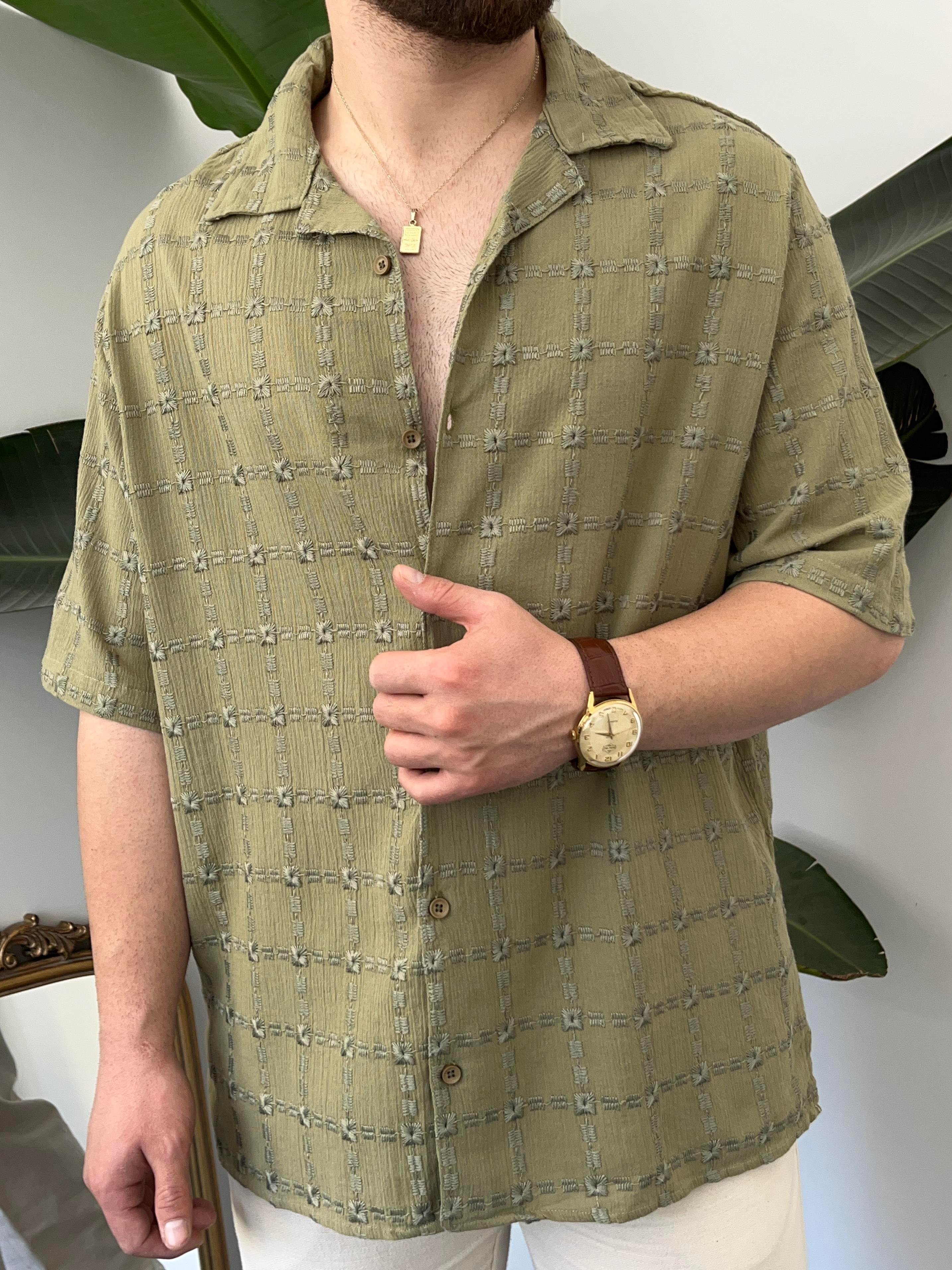 Haki Ekose Kareli Oversize Gömlek