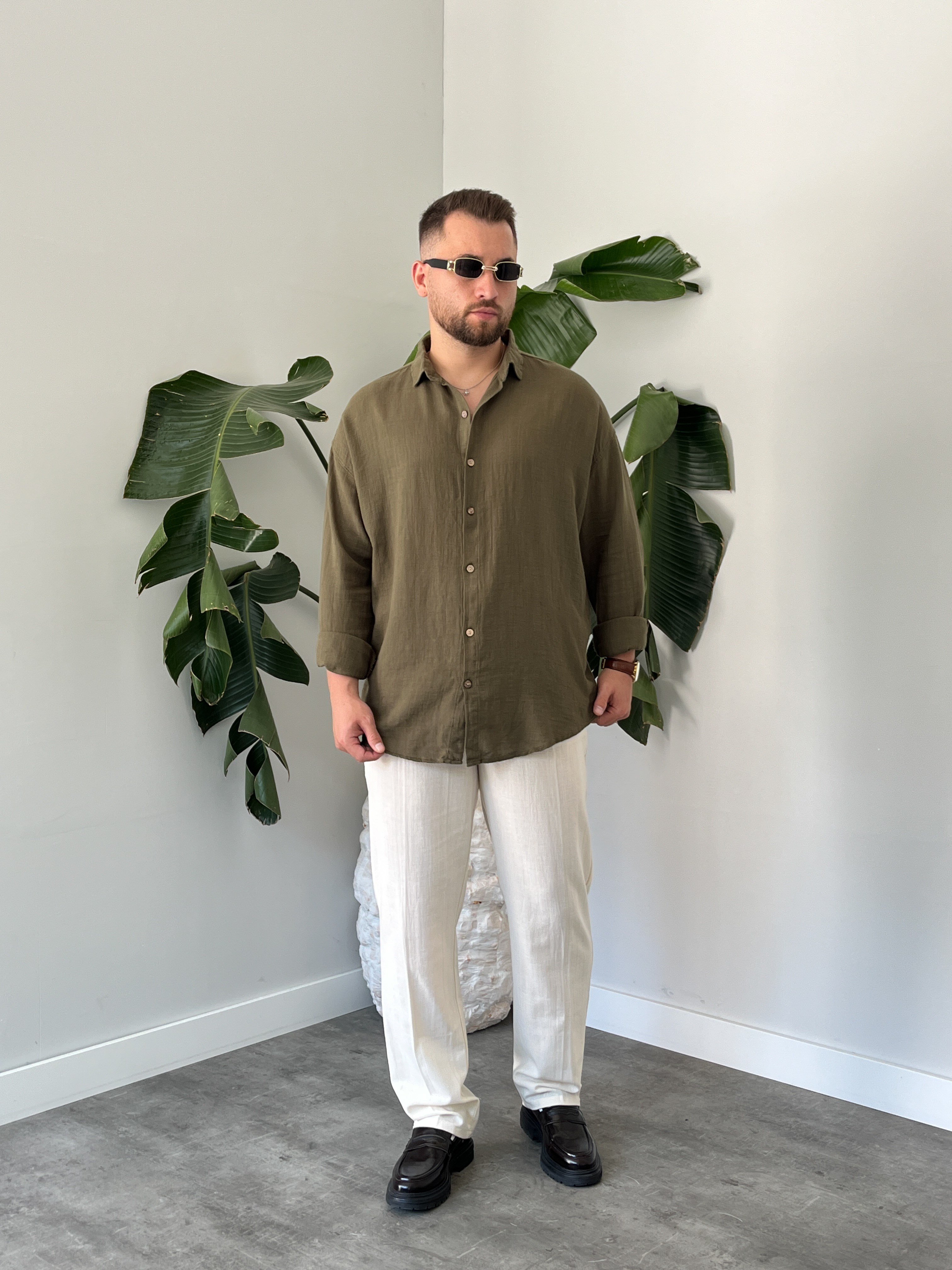 Haki Etamin Keten Oversize Gömlek
